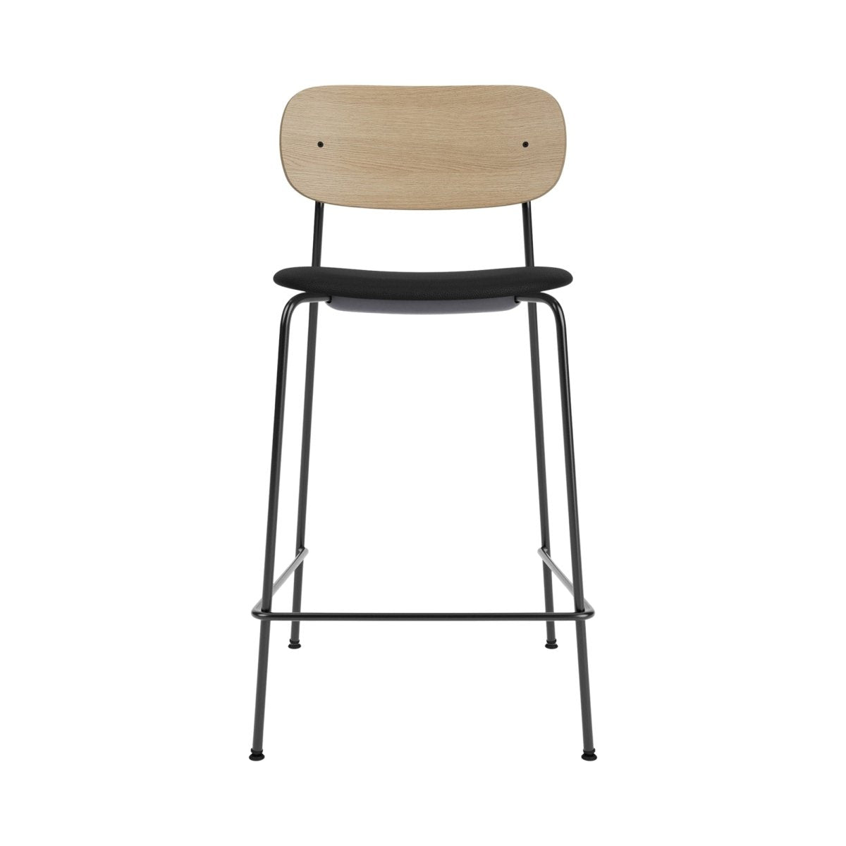 Co Counter Chair with a black upholstered seat, natural oak backrest, and slender black powder-coated steel frame.
