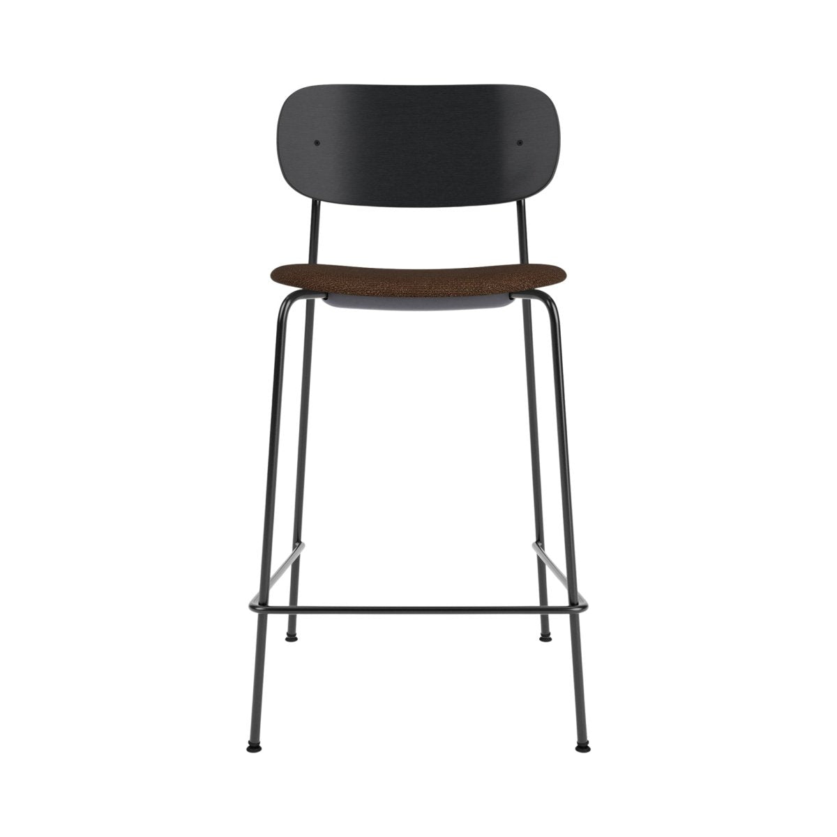 Co Counter Chair with a black painted oak backrest, brown bouclé upholstered seat and black powder-coated steel frame.