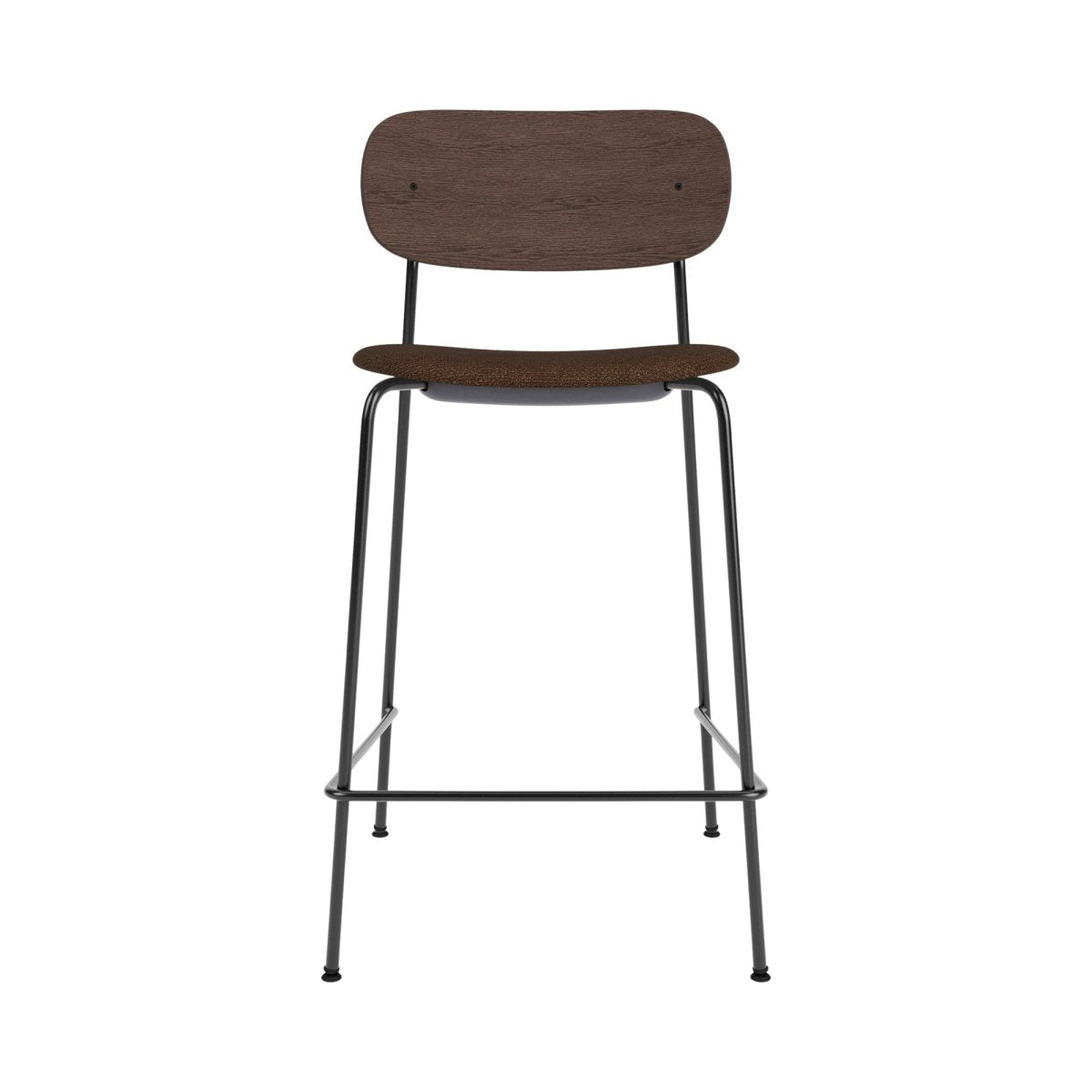 Front view of the Co Counter Chair, Upholstered, with a dark stained oak back and black boucle on a black steel frame.