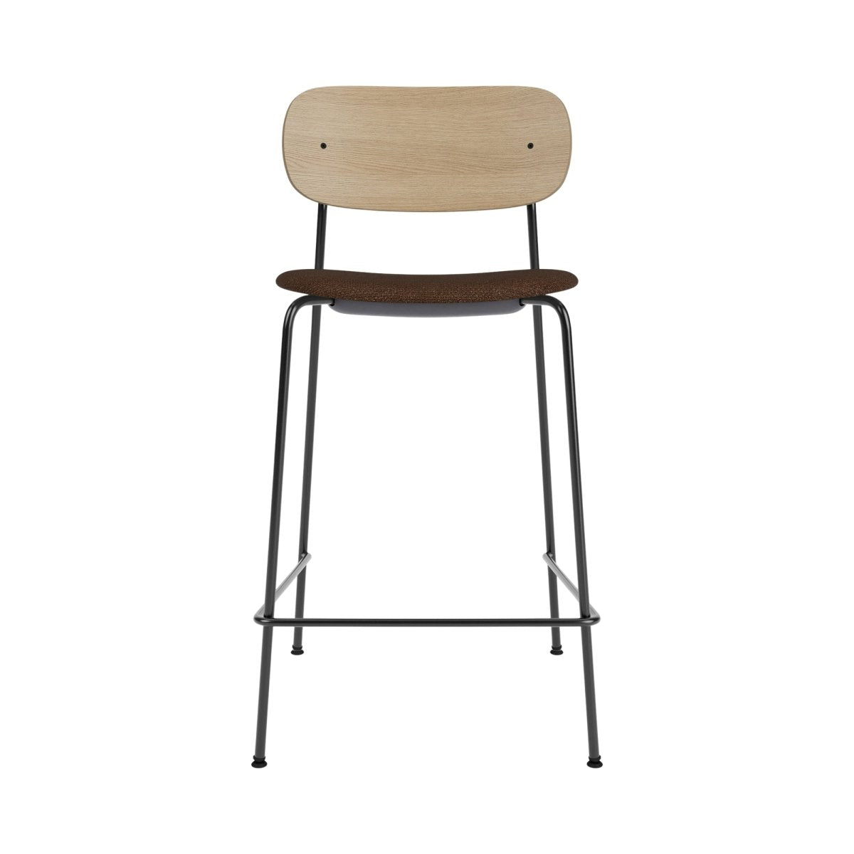Front view of the Co Counter Chair with a natural oak backrest and dark brown bouclé seat on a black steel frame.