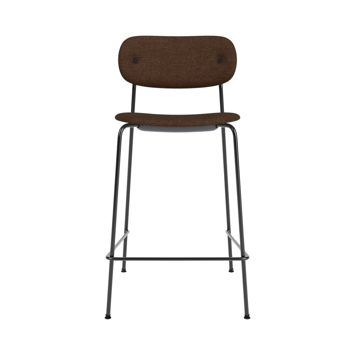 Front view of the Co Counter Chair, Upholstered in brown boucle with a minimalist black powder-coated steel frame.