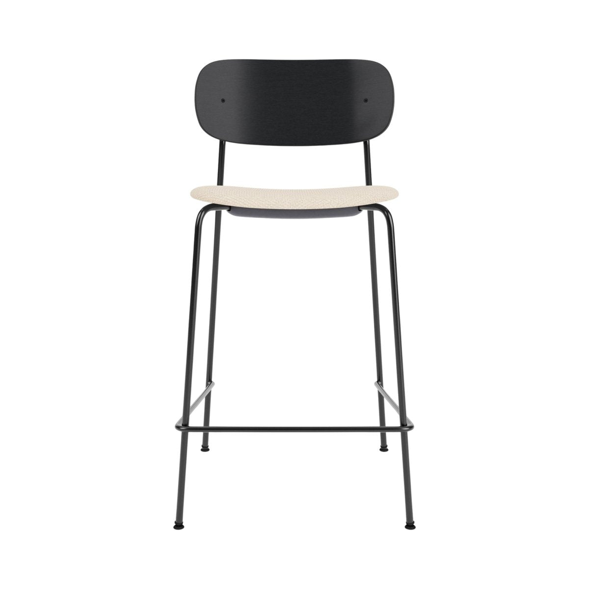 Co Counter Chair with a black painted oak backrest and cream Logan Jasmin upholstered seat on a slender black steel frame.