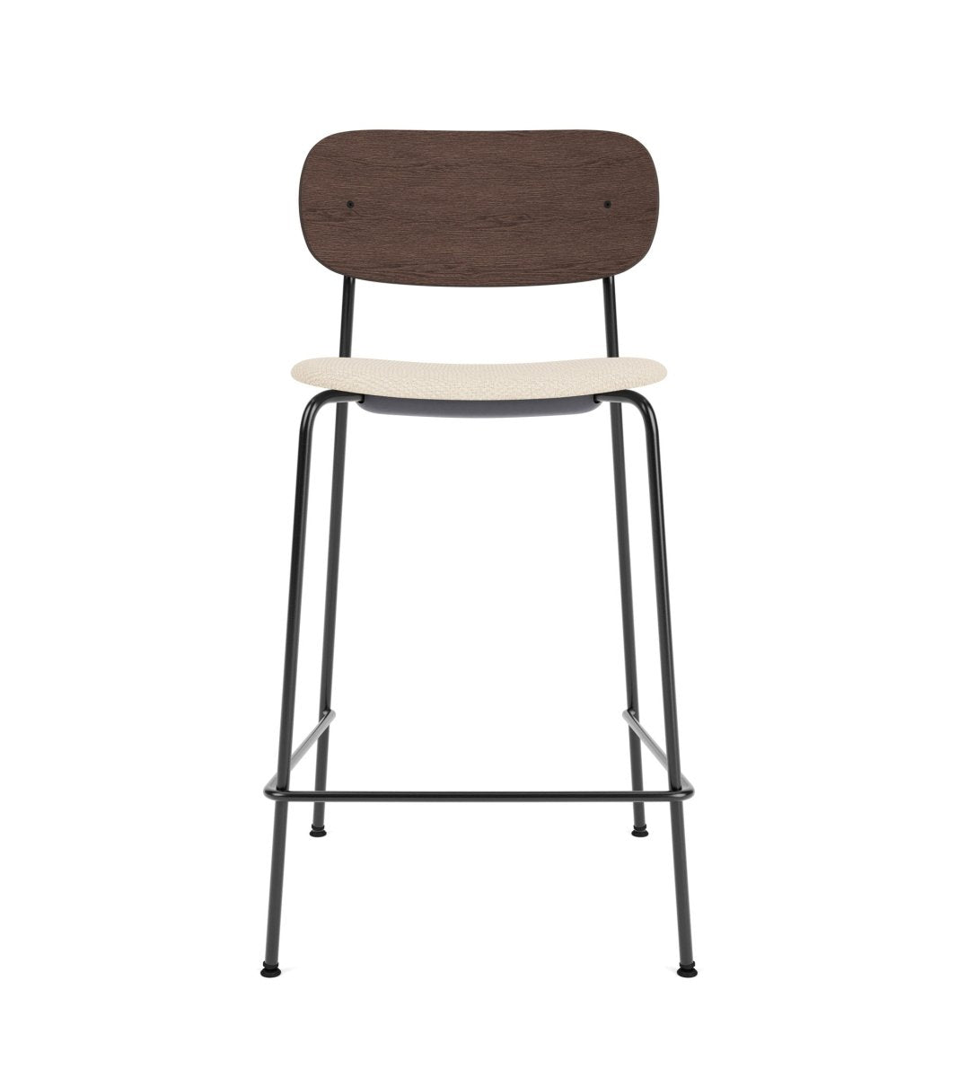 Co Counter Chair with a dark stained oak back and Logan Jasmin upholstery on a slender black powder-coated steel frame.