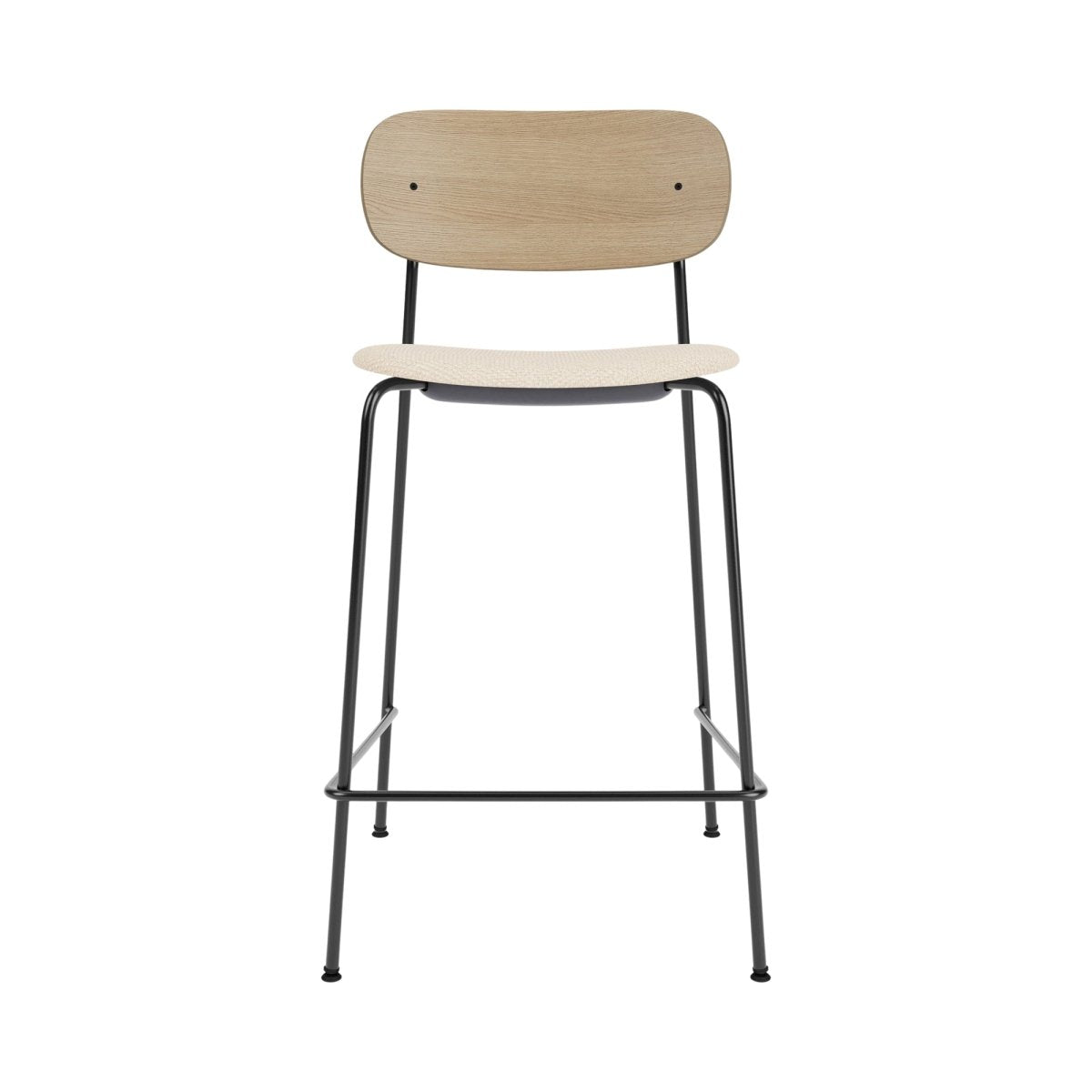 Front view of the Co Counter Chair, Upholstered, with natural oak backrest and beige fabric seat on black steel legs.