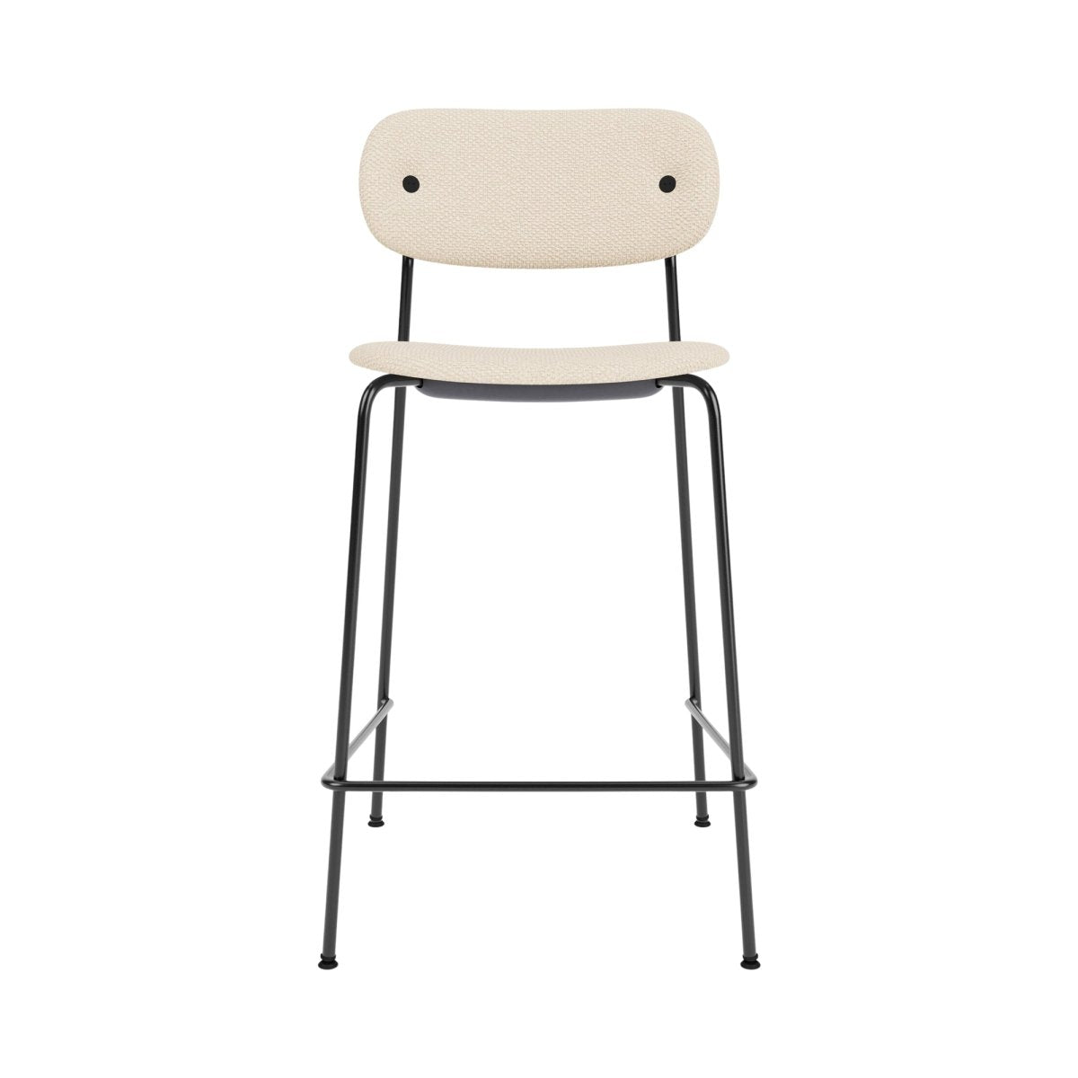 Front view of the Co Counter Chair, Upholstered, with light beige Logan Jasmin fabric and a black powder-coated steel frame.