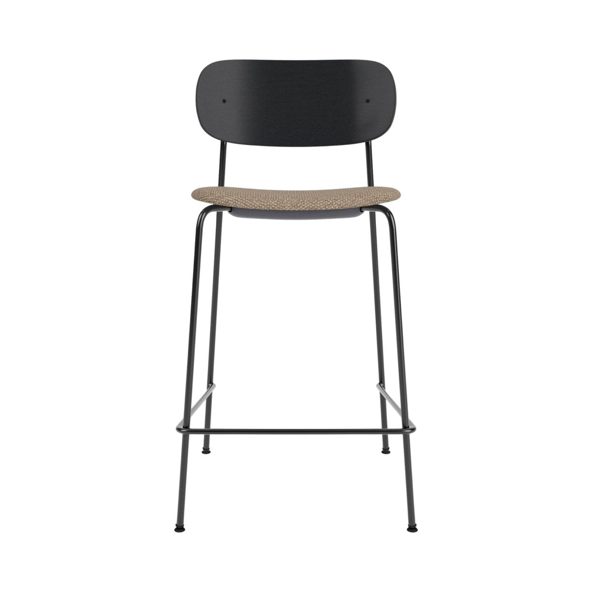 Co Counter Chair, Upholstered, featuring a black painted oak backrest and Logan Flint seat on a slender black steel frame.