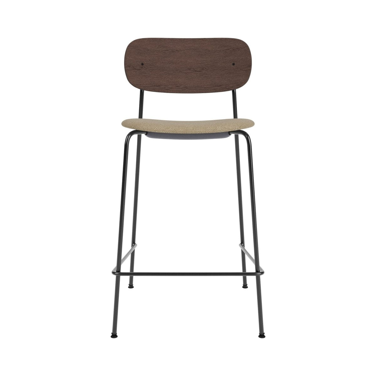 Front view of the Co Counter Chair with a dark stained oak back, beige upholstered seat, and slender black steel frame.