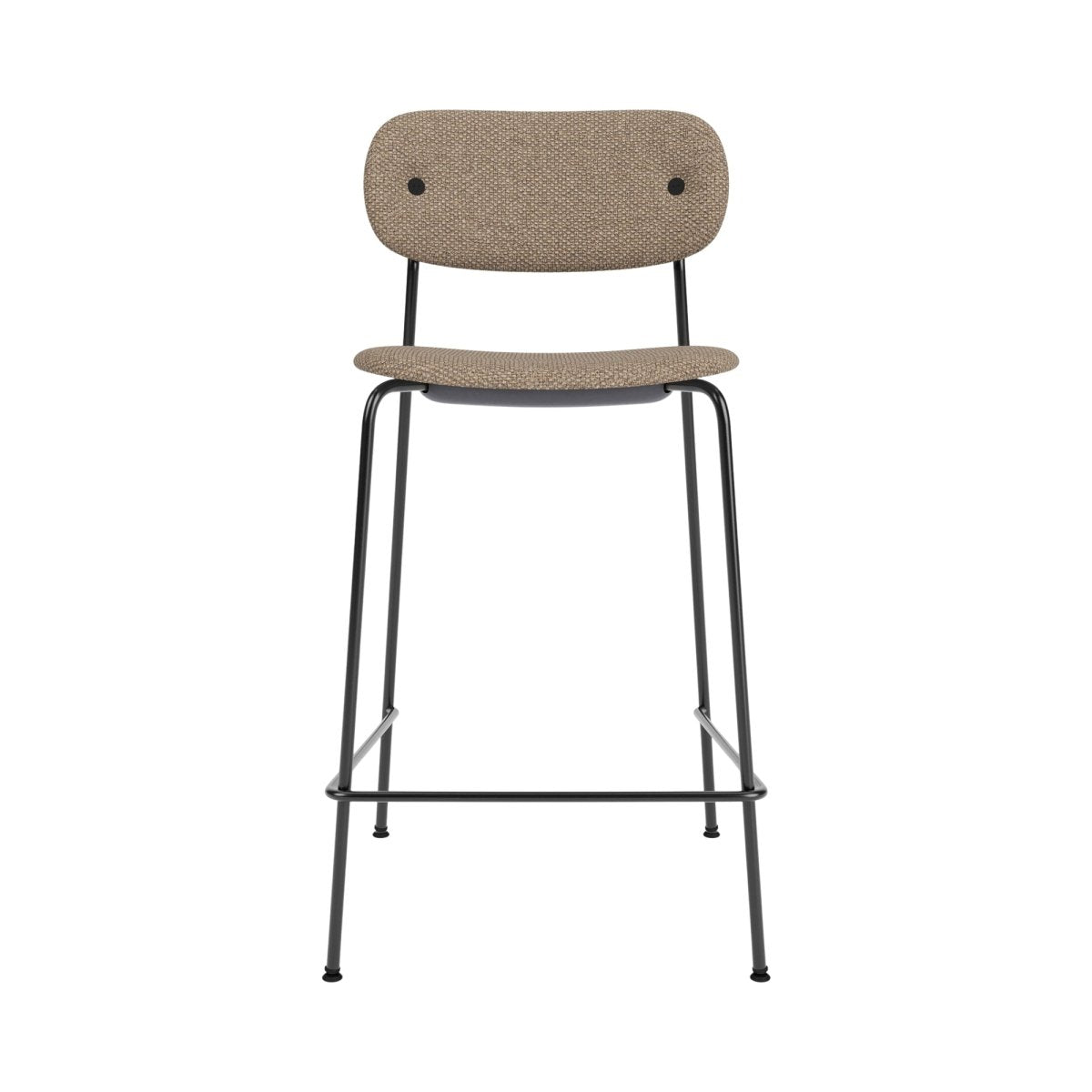 Co Counter Chair, Upholstered, with a slender black steel frame and textured Logan Flint fabric seen from the front.