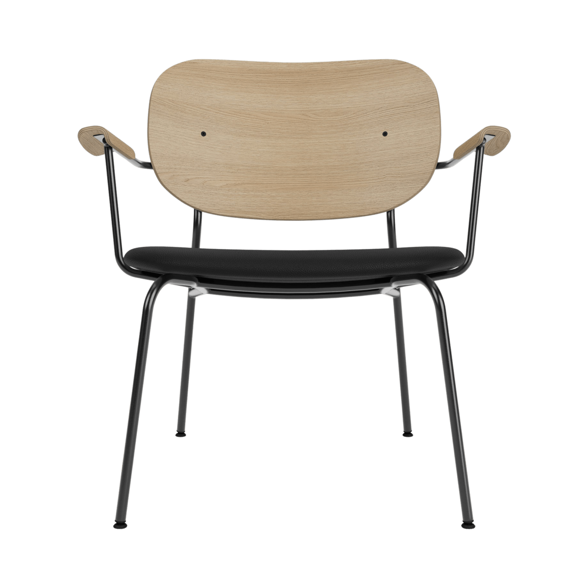 Front view of the Co Lounge Chair featuring a natural oak backrest and black Sierra 1001 leather upholstered seat.