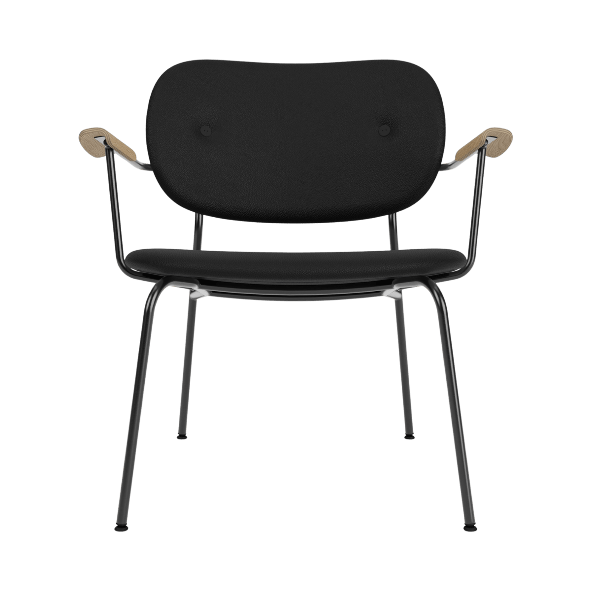 Co Lounge Chair, Fully Upholstered in black Sierra leather with natural oak armrests and a sleek black steel frame.
