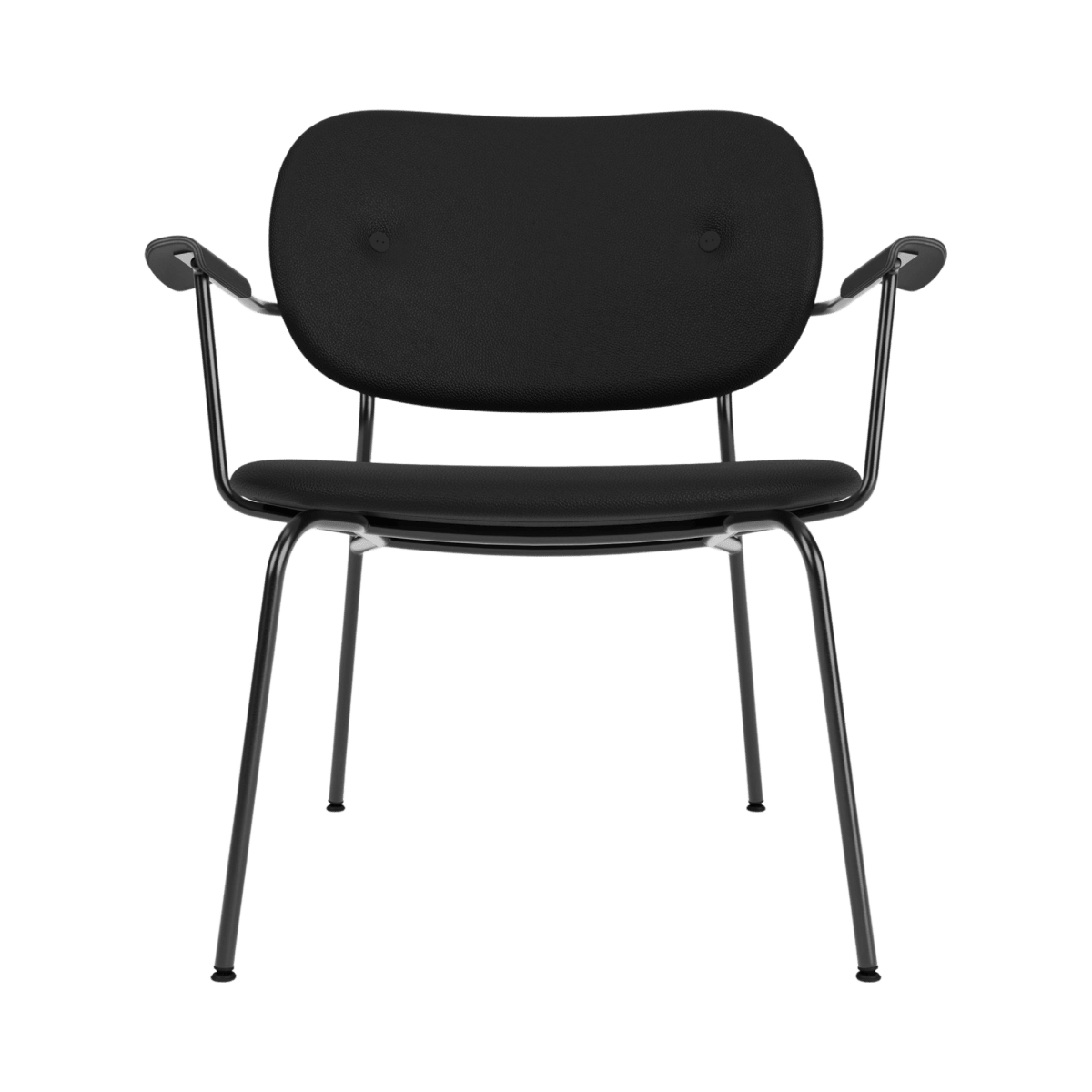 Front view of the Co Lounge Chair, Fully Upholstered in black Sierra 1001 leather with black painted oak armrests.