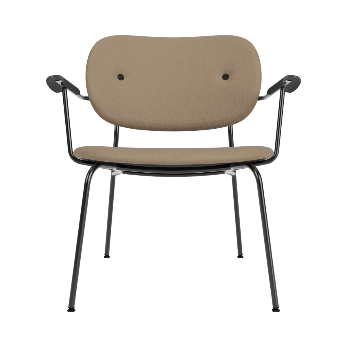 Co Lounge Chair, Fully Upholstered in tan Sierra 1611 leather with black painted oak armrests and a sleek black frame.