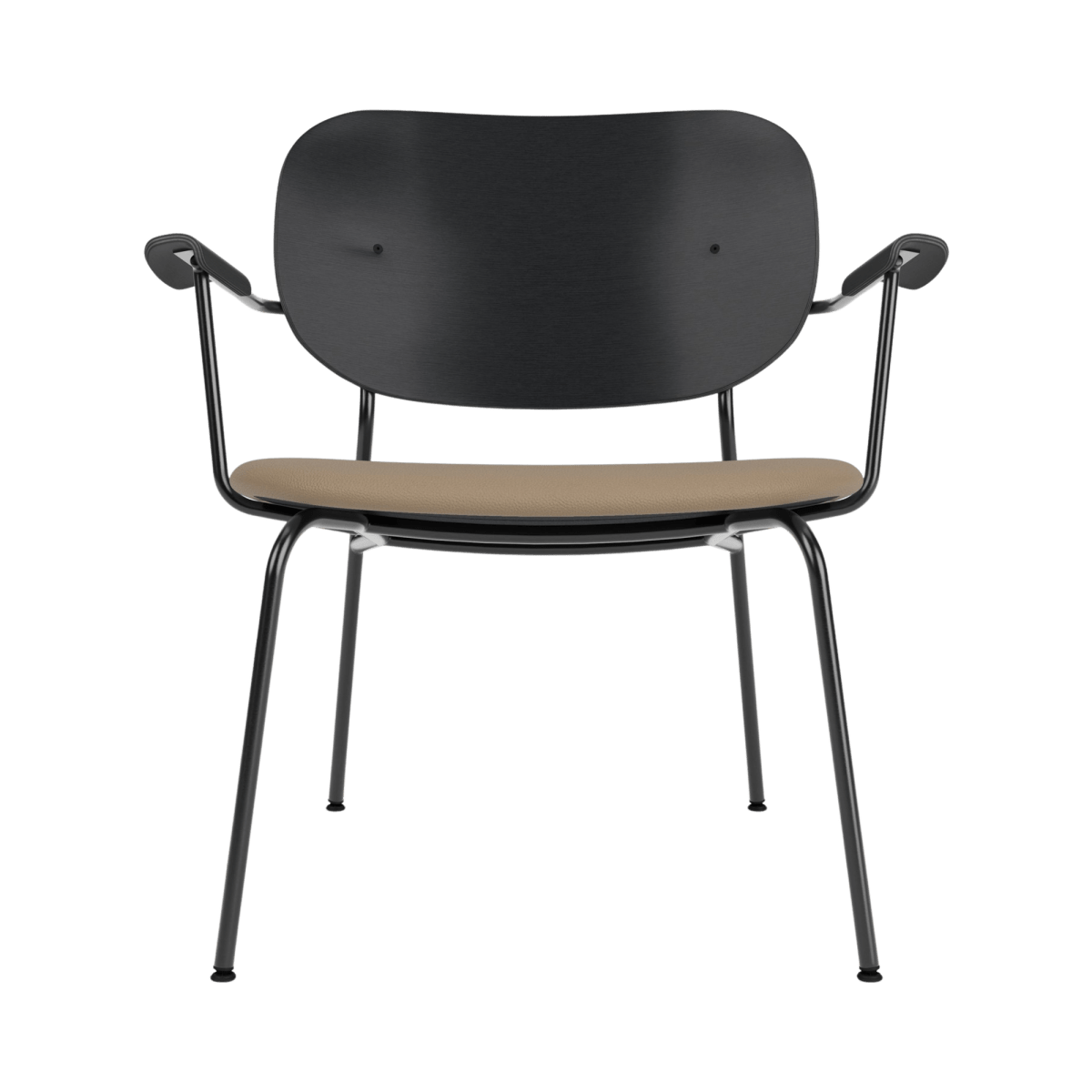 Co Lounge Chair with a black painted oak backrest, tan Sierra 1611 upholstered seat, and a slender black steel frame.