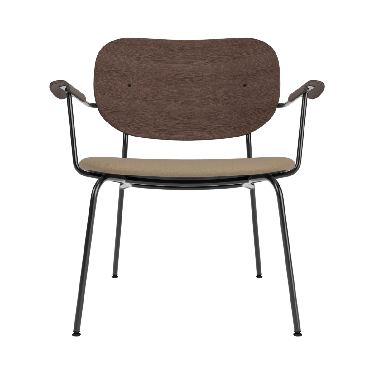 Front view of the Co Lounge Chair with a dark stained oak backrest, tan Sierra 1611 seat, and black steel frame.