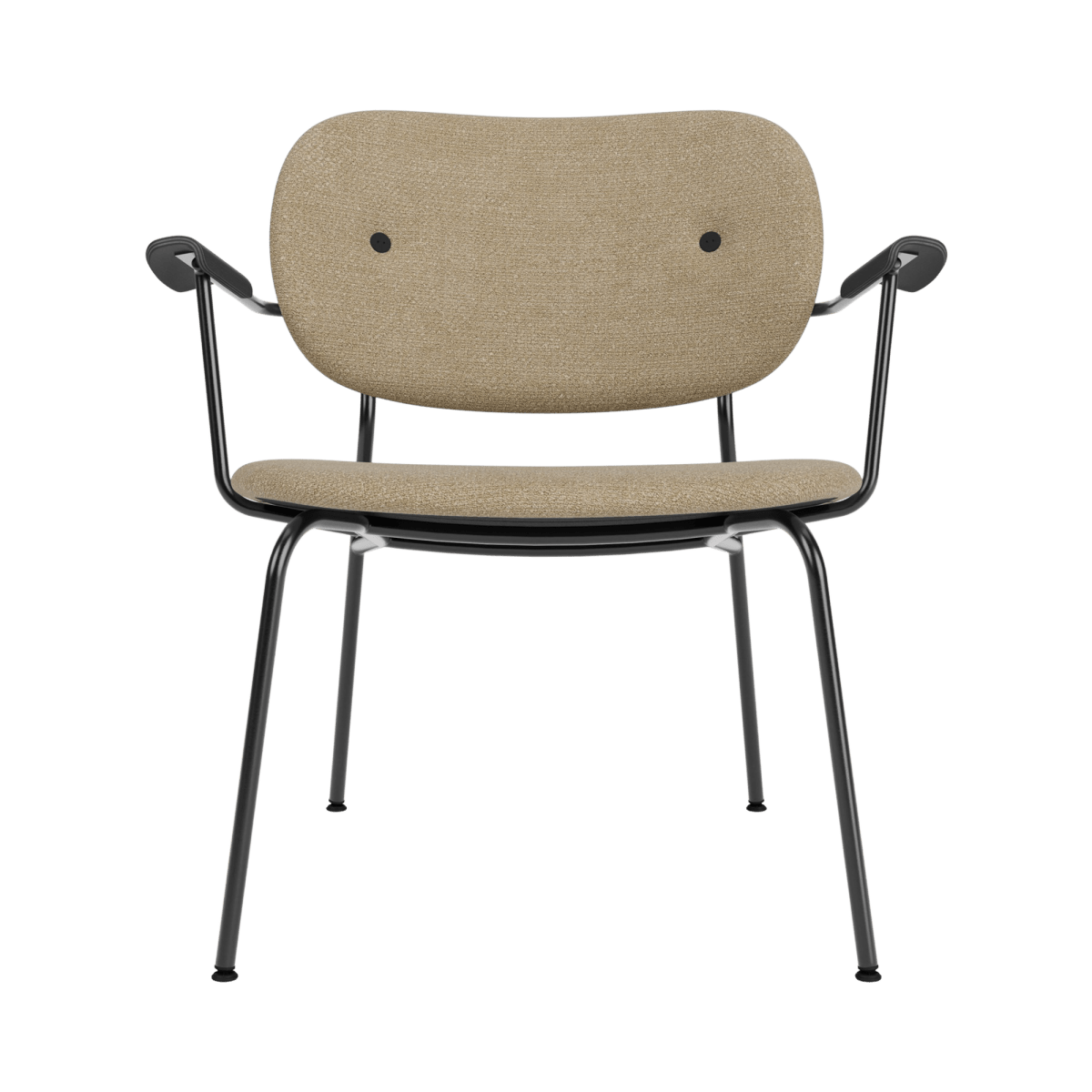 Fully upholstered Co Lounge Chair in beige Audo Bouclé 02 with black painted oak armrests and a slim steel frame.