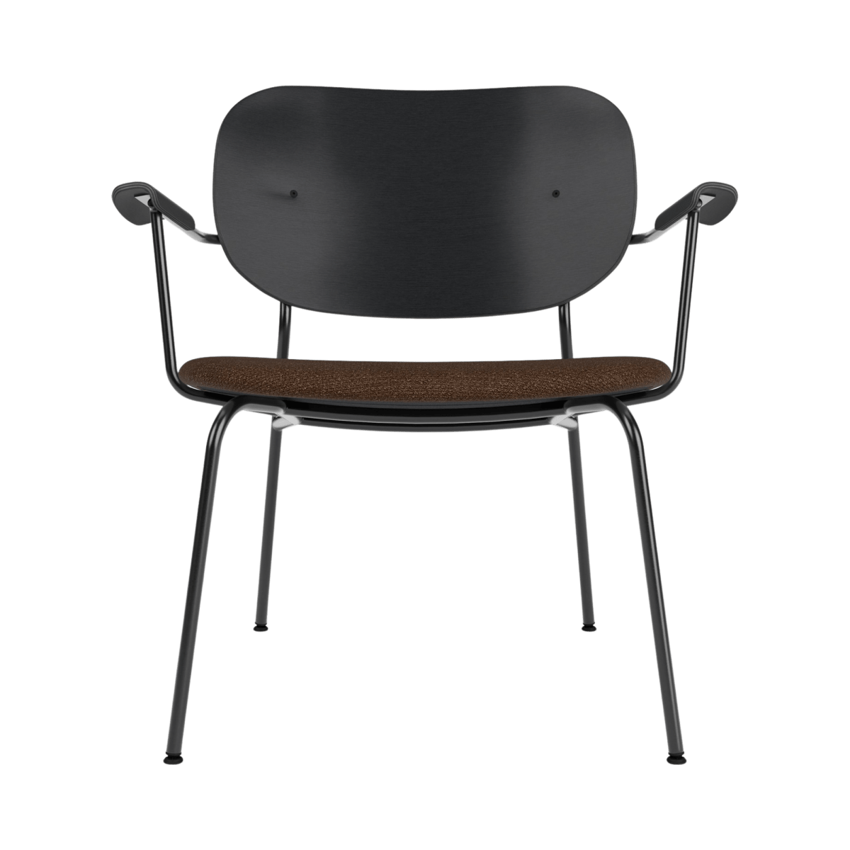 Co Lounge Chair, Partially Upholstered, with a black oak backrest and brown Audo Bouclé 07 seat on a black frame.