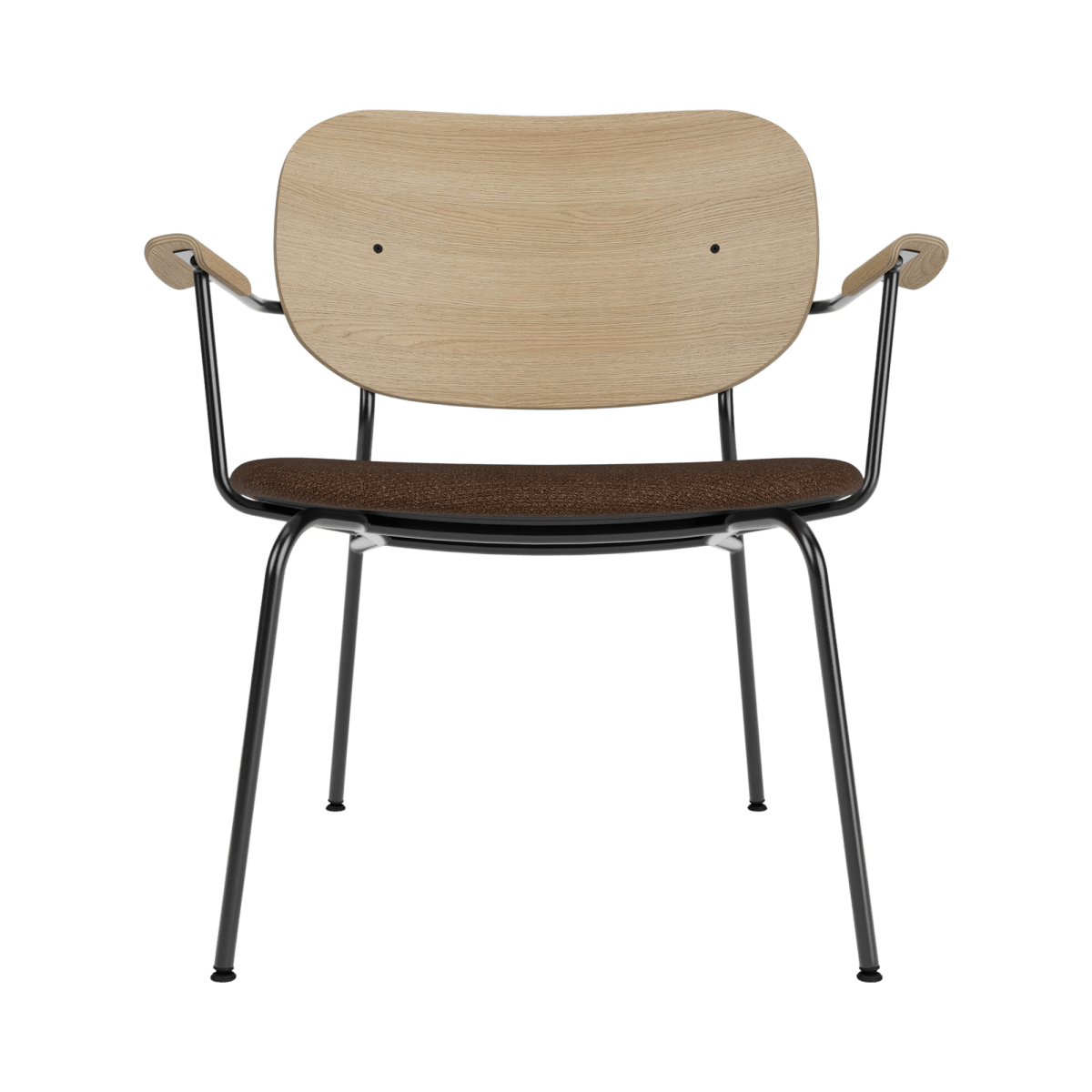 Front view of the Co Lounge Chair with a natural oak backrest and brown bouclé seat on a black powder-coated steel frame.