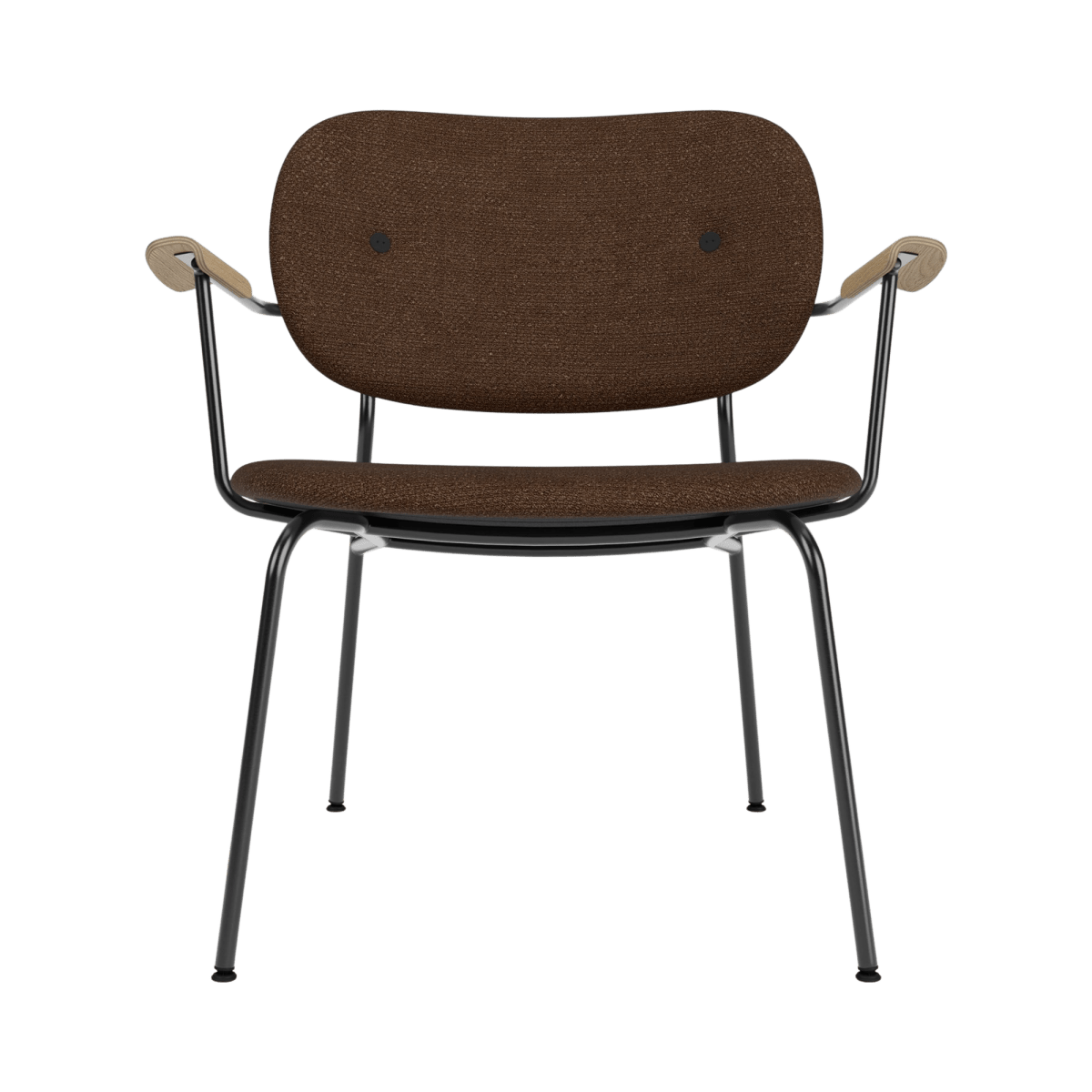 Front view of the Co Lounge Chair, Fully Upholstered in brown bouclé with natural oak armrests and a black steel frame.