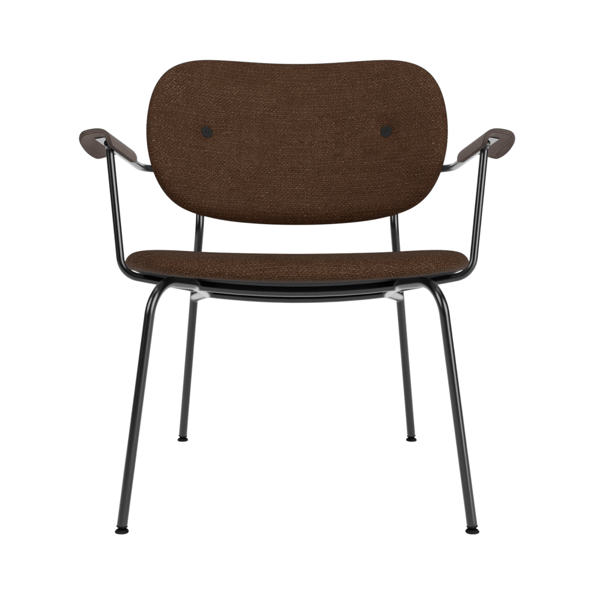 Co Lounge Chair, Fully Upholstered in brown Bouclé 07 with dark stained oak armrests and a sleek black steel frame.