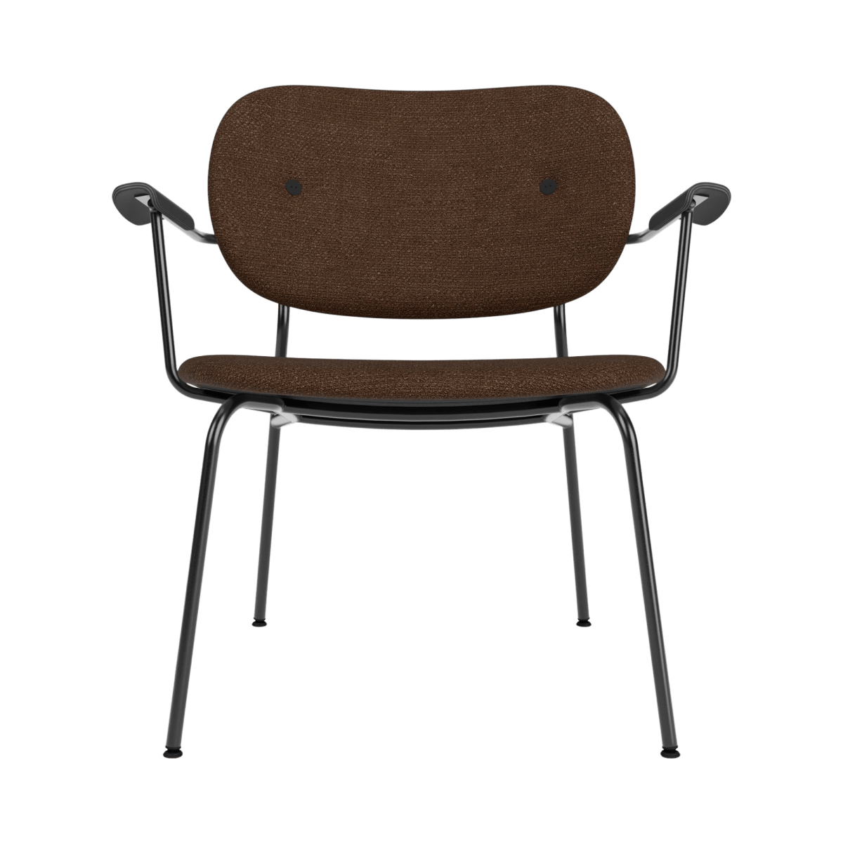 Front view of the Co Lounge Chair, Fully Upholstered in brown bouclé fabric with black oak armrests and a steel frame.