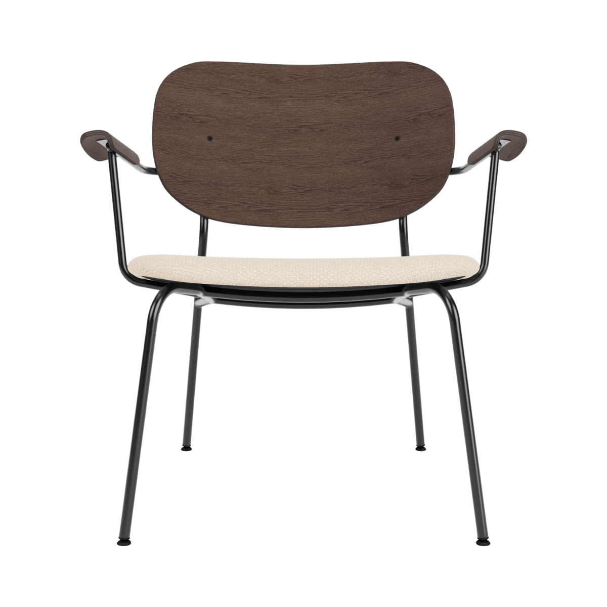 Front view of the Co Lounge Chair, Partially Upholstered in Logan Jasmine with a dark stained oak backrest.