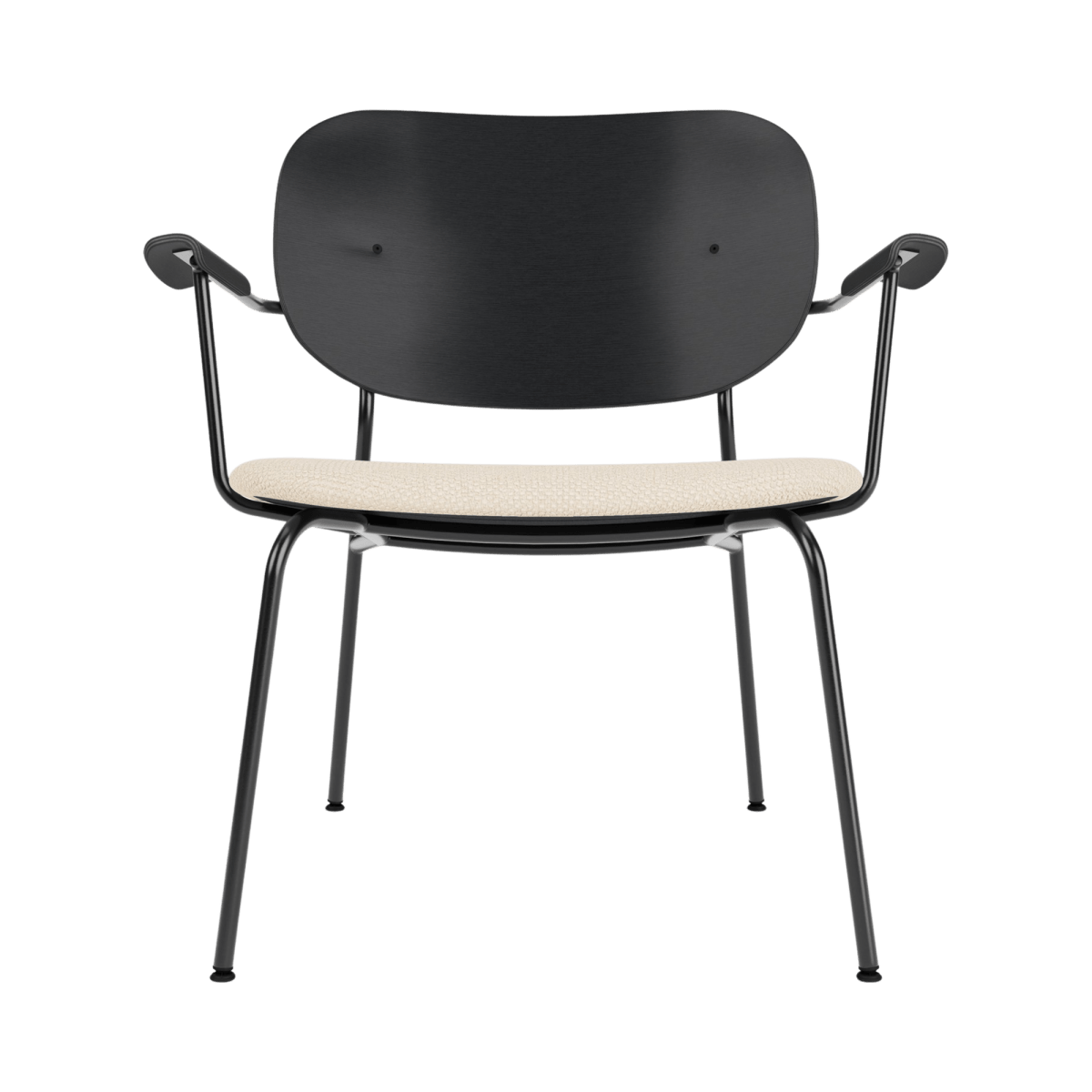 Co Lounge Chair with a black painted oak backrest and Logan Jasmin upholstered seat on a slender black steel frame.