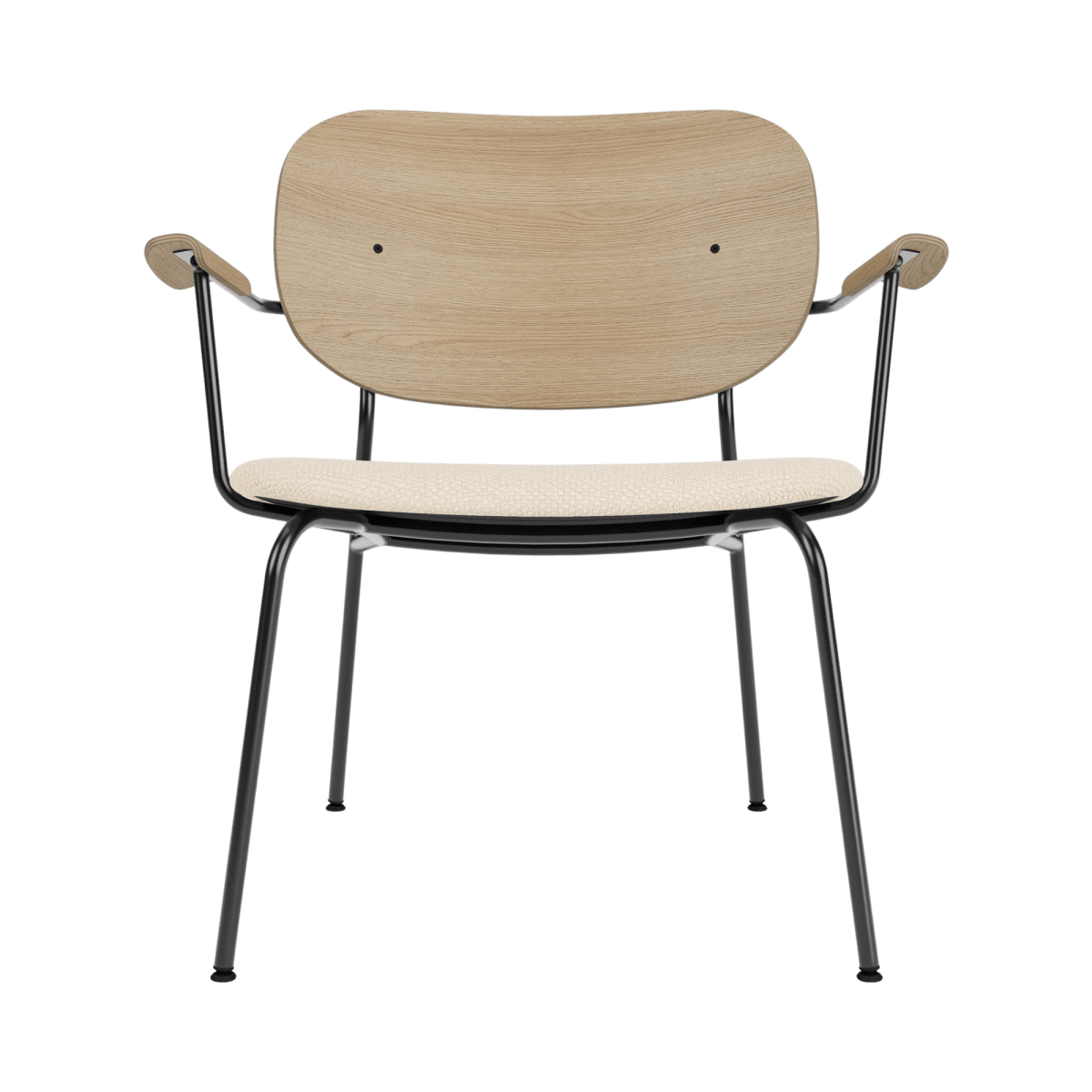 Co Lounge Chair featuring a Logan Jasmine upholstered seat, natural oak backrest, and black powder-coated steel frame.