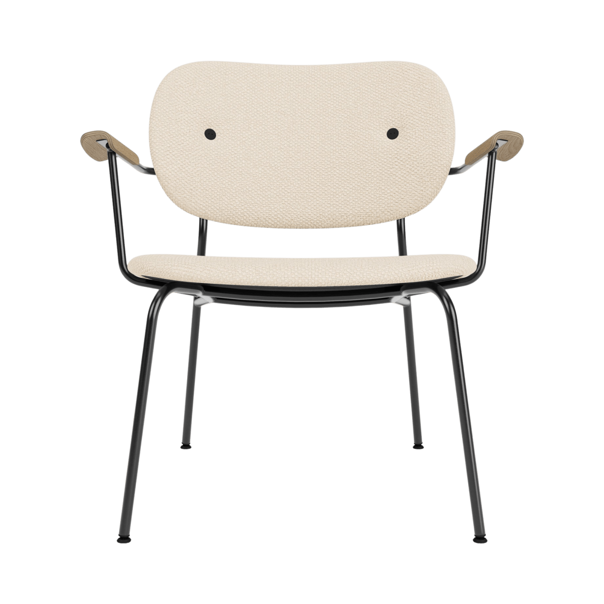Front view of the Co Lounge Chair, Fully Upholstered in Logan Jasmin with natural oak armrests and a black frame.