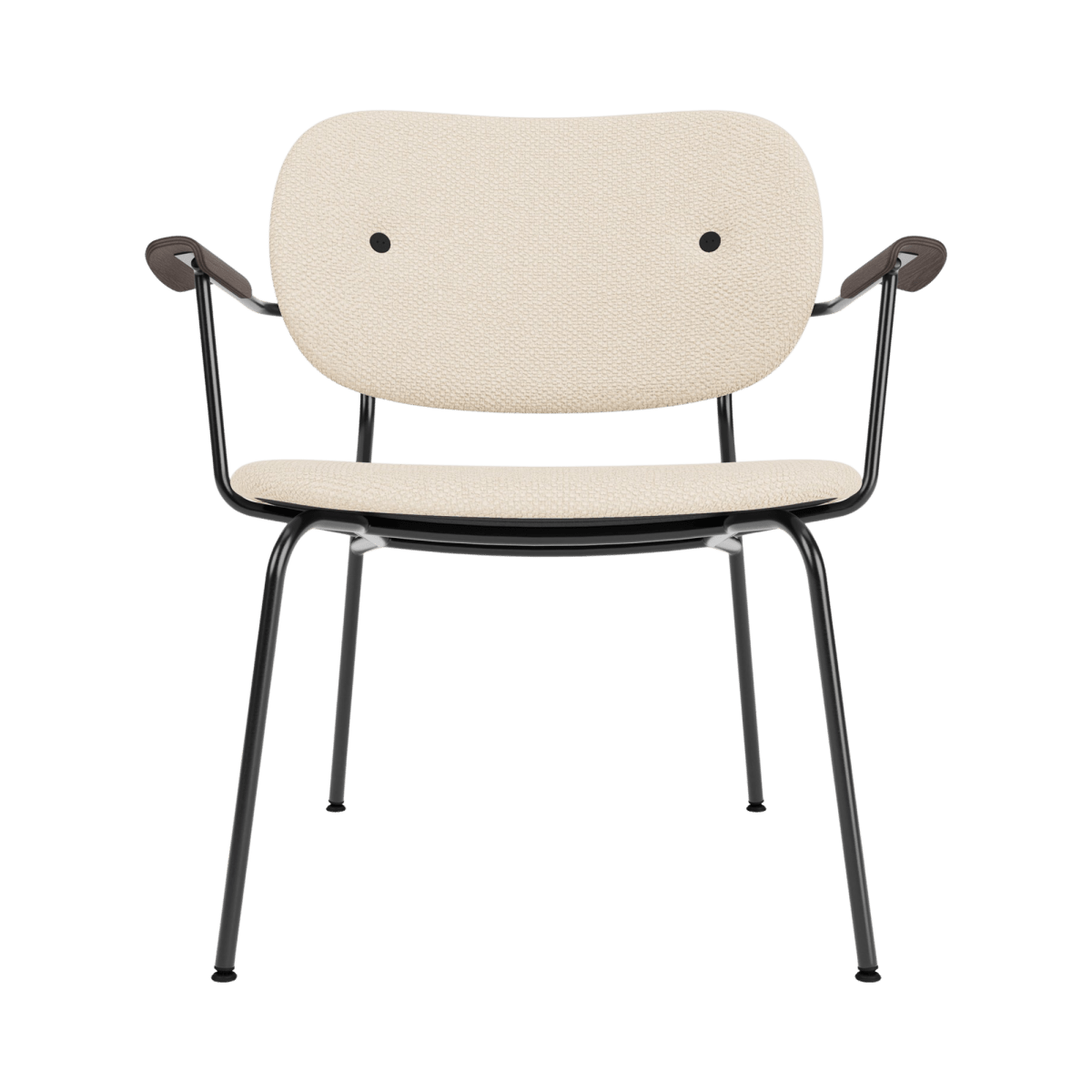 Co Lounge Chair, Fully Upholstered in Logan Jasmine fabric with dark stained oak armrests and a slender black steel frame.