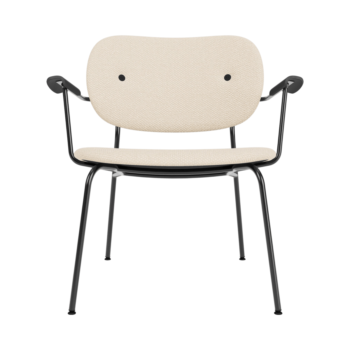 Front view of the Co Lounge Chair, Fully Upholstered in Logan Jasmine fabric with black-painted oak armrests.