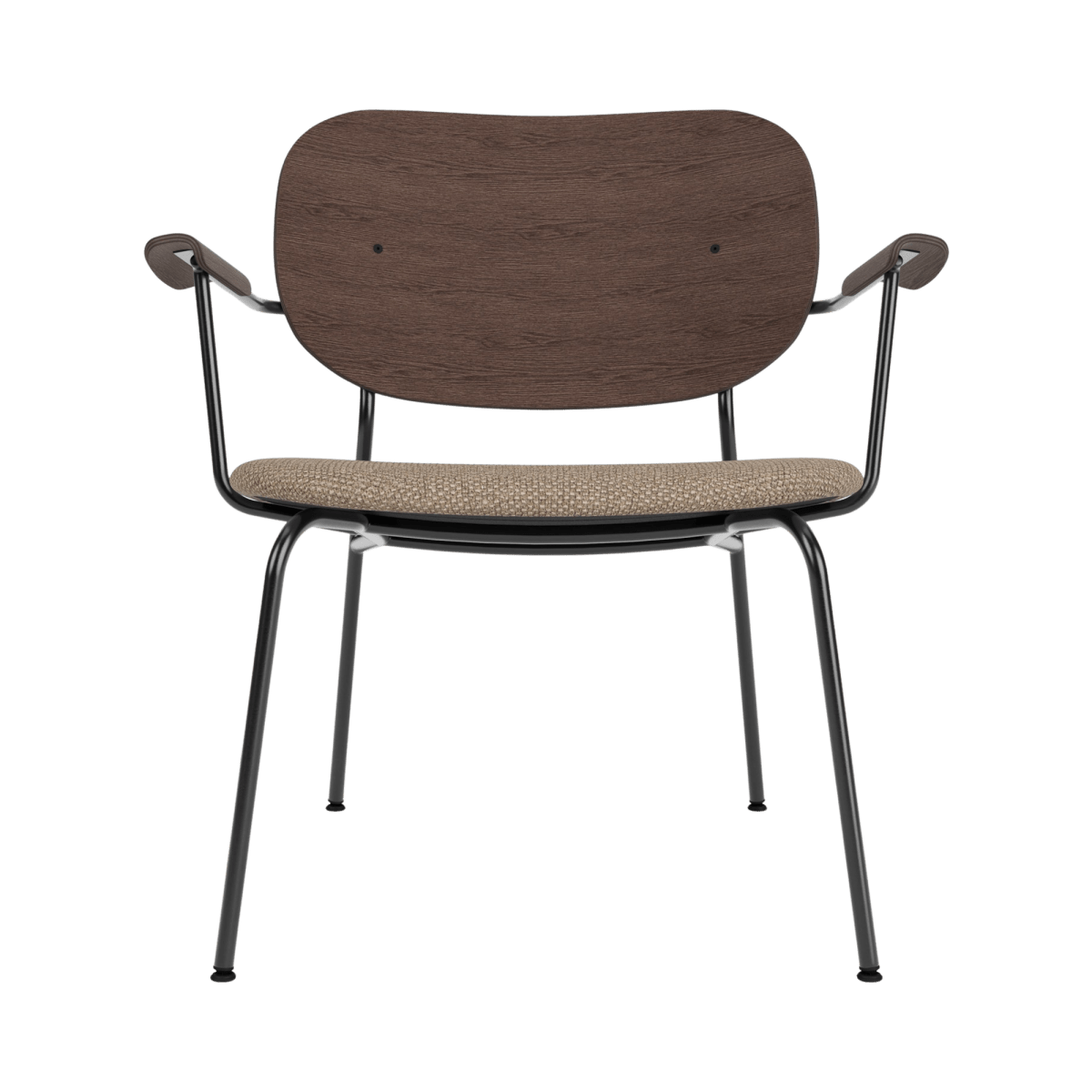 Front view of the Co Lounge Chair, Partially Upholstered, in dark-stained oak and Logan Flint on a black steel frame.