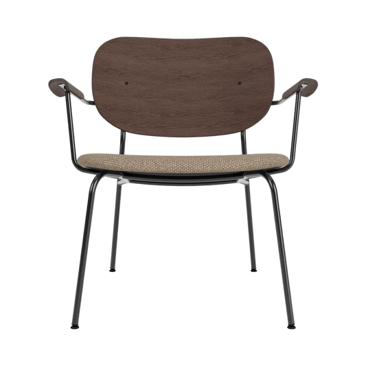 Front view of the Co Lounge Chair, Partially Upholstered, in dark-stained oak and Logan Flint on a black steel frame.