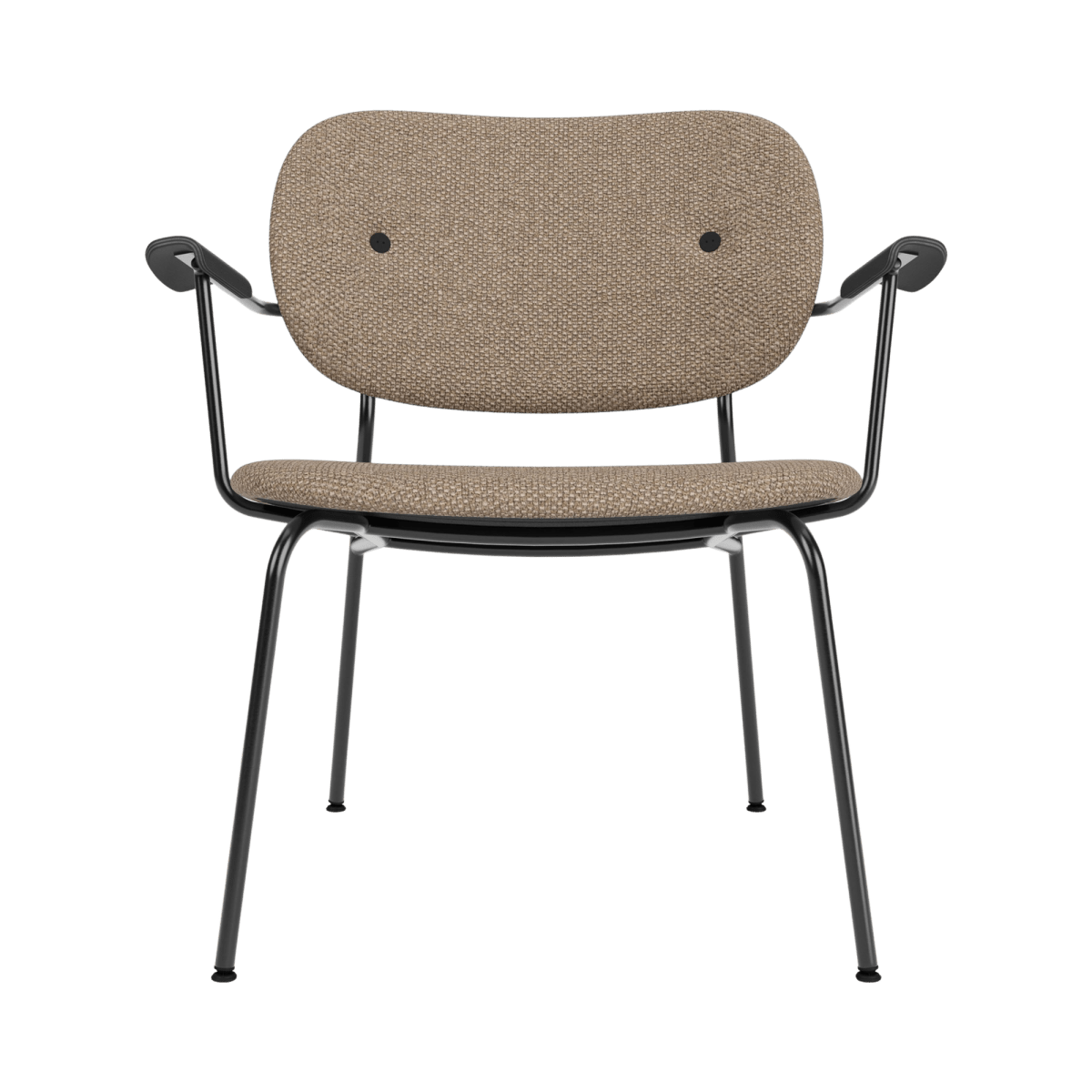 Front view of the Co Lounge Chair, Fully Upholstered in Logan Flint fabric with black painted oak armrests and steel frame.