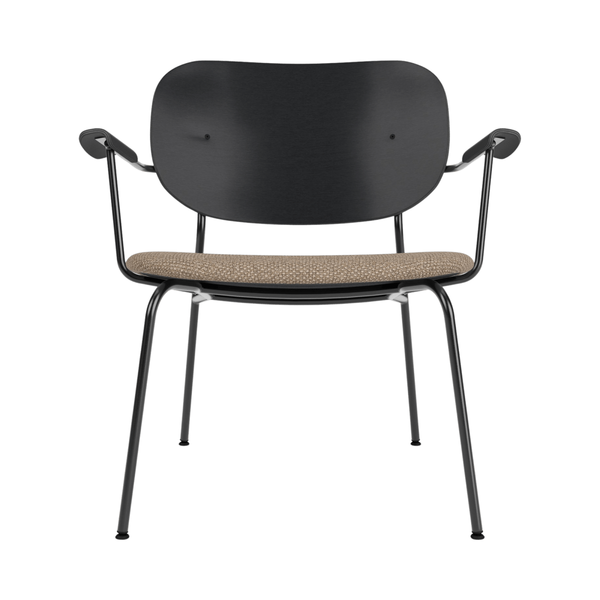 Front view of the Co Lounge Chair with a black painted oak back and Logan Flint upholstered seat.