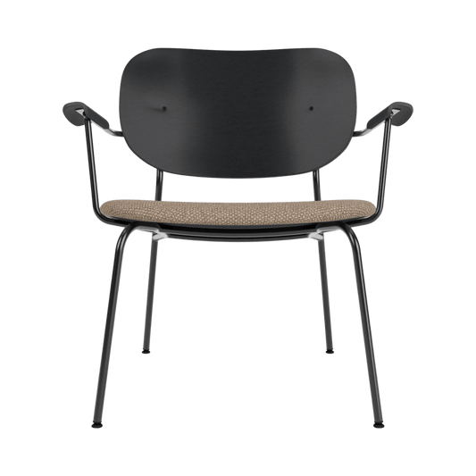 Front view of the Co Lounge Chair with a black painted oak back and Logan Flint upholstered seat.