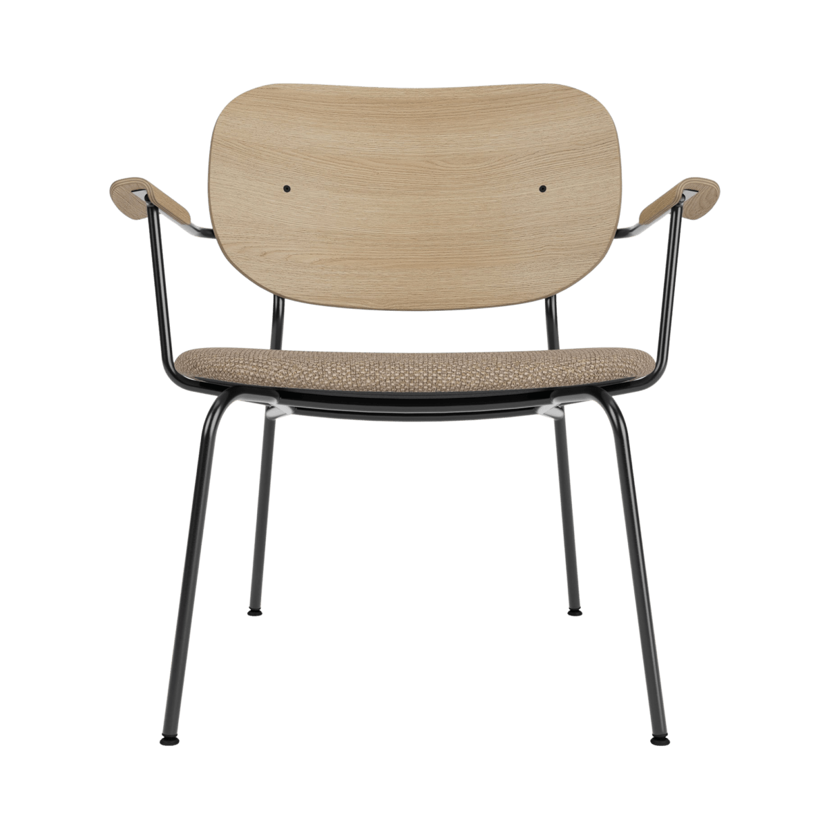 Co Lounge Chair, Partially Upholstered with a natural oak backrest, Logan Flint seat, and black steel frame.