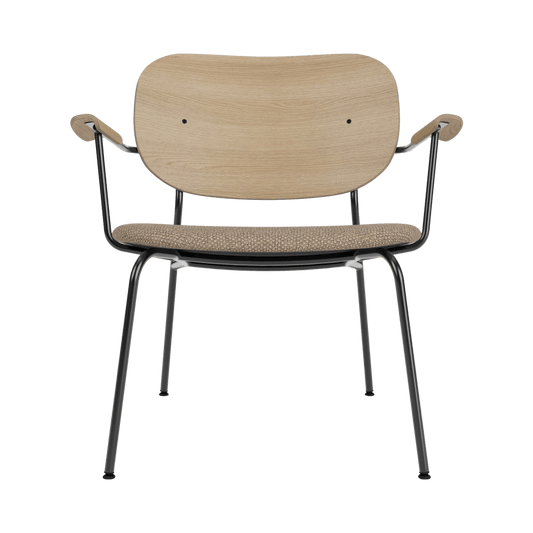 Co Lounge Chair, Partially Upholstered with a natural oak backrest, Logan Flint seat, and black steel frame.