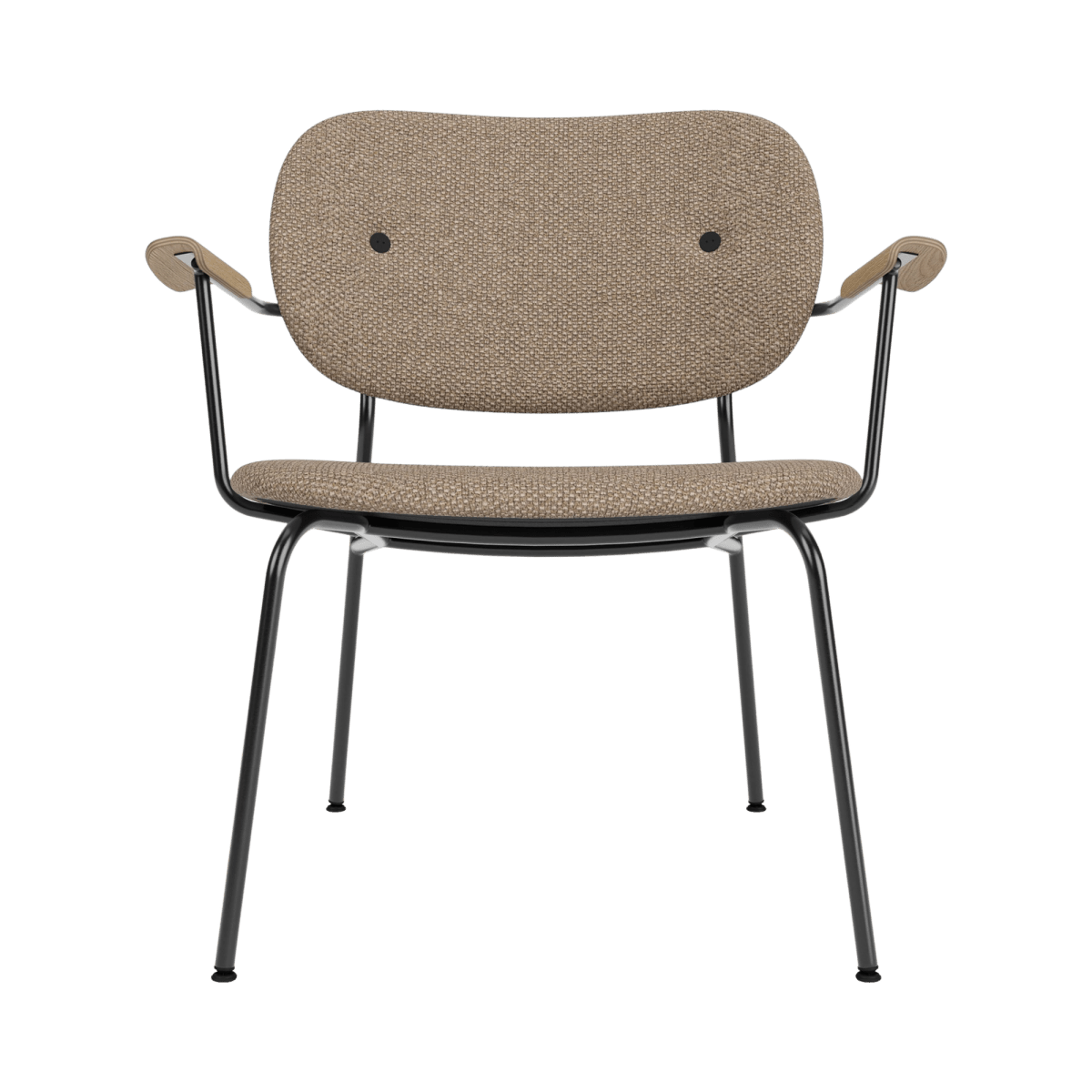 Co Lounge Chair, Fully Upholstered in Logan Flint fabric with natural oak armrests and a black powder-coated steel frame.
