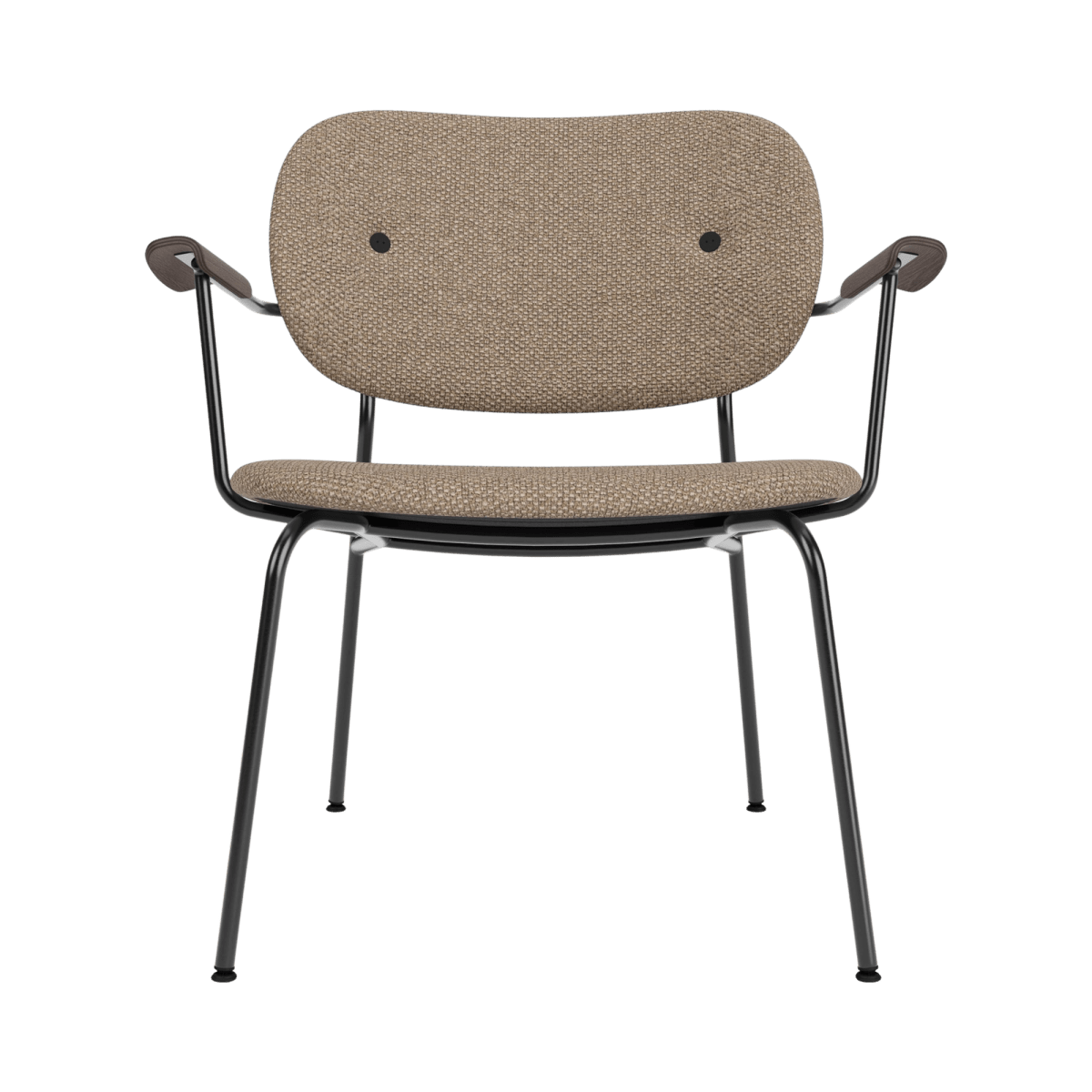 Front view of the Co Lounge Chair, Fully Upholstered in Logan Flint fabric with dark stained oak armrests.