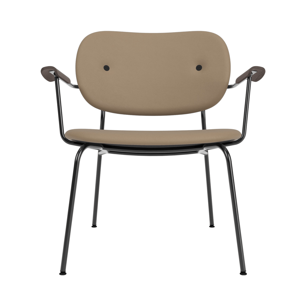 Front view of the Co Lounge Chair, Fully Upholstered in tan Sierra 1611 with dark stained oak armrests and a black frame.