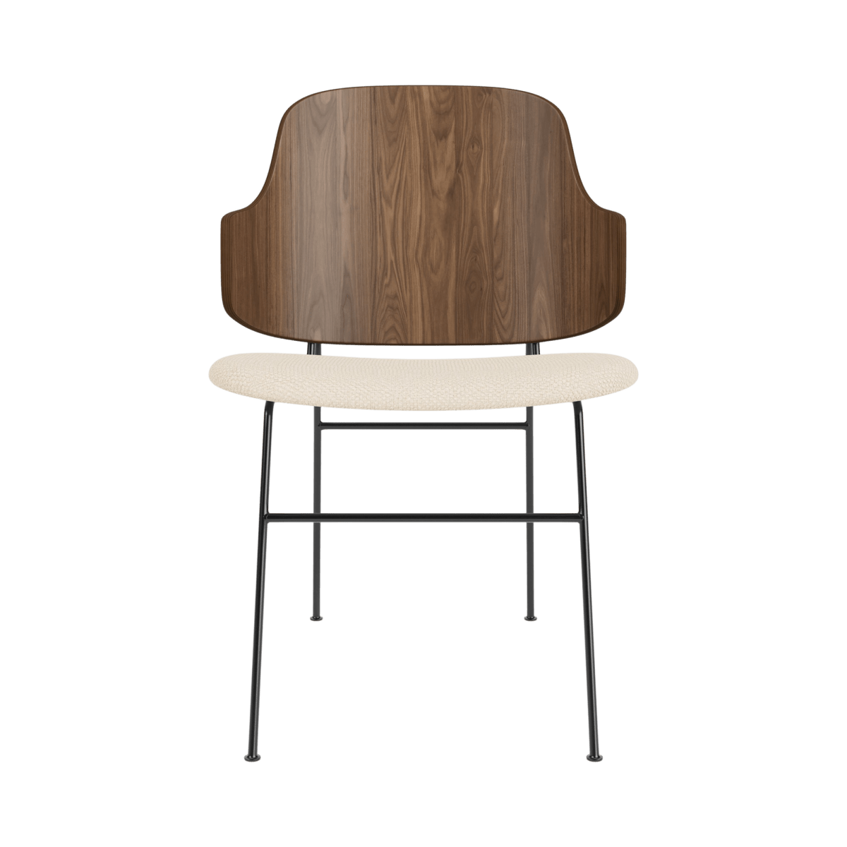Front view of The Penguin Dining Chair with a curved walnut back and light Logan Jasmine upholstered seat.