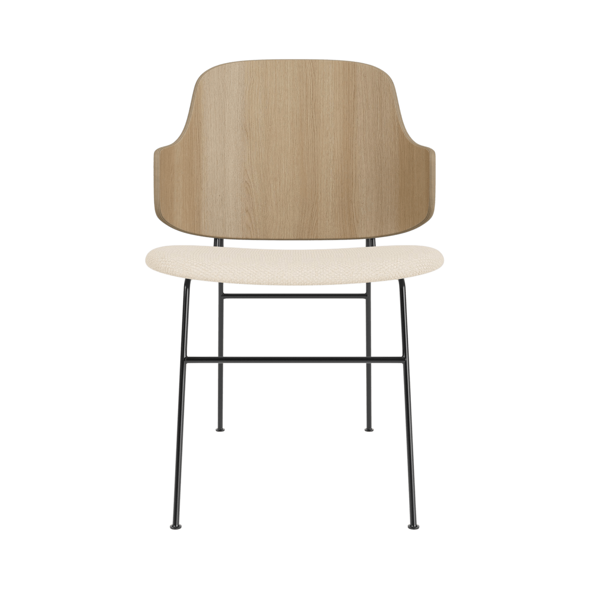 Front view of The Penguin Dining Chair with a natural oak back and Logan Jasmine upholstery on a black steel frame.