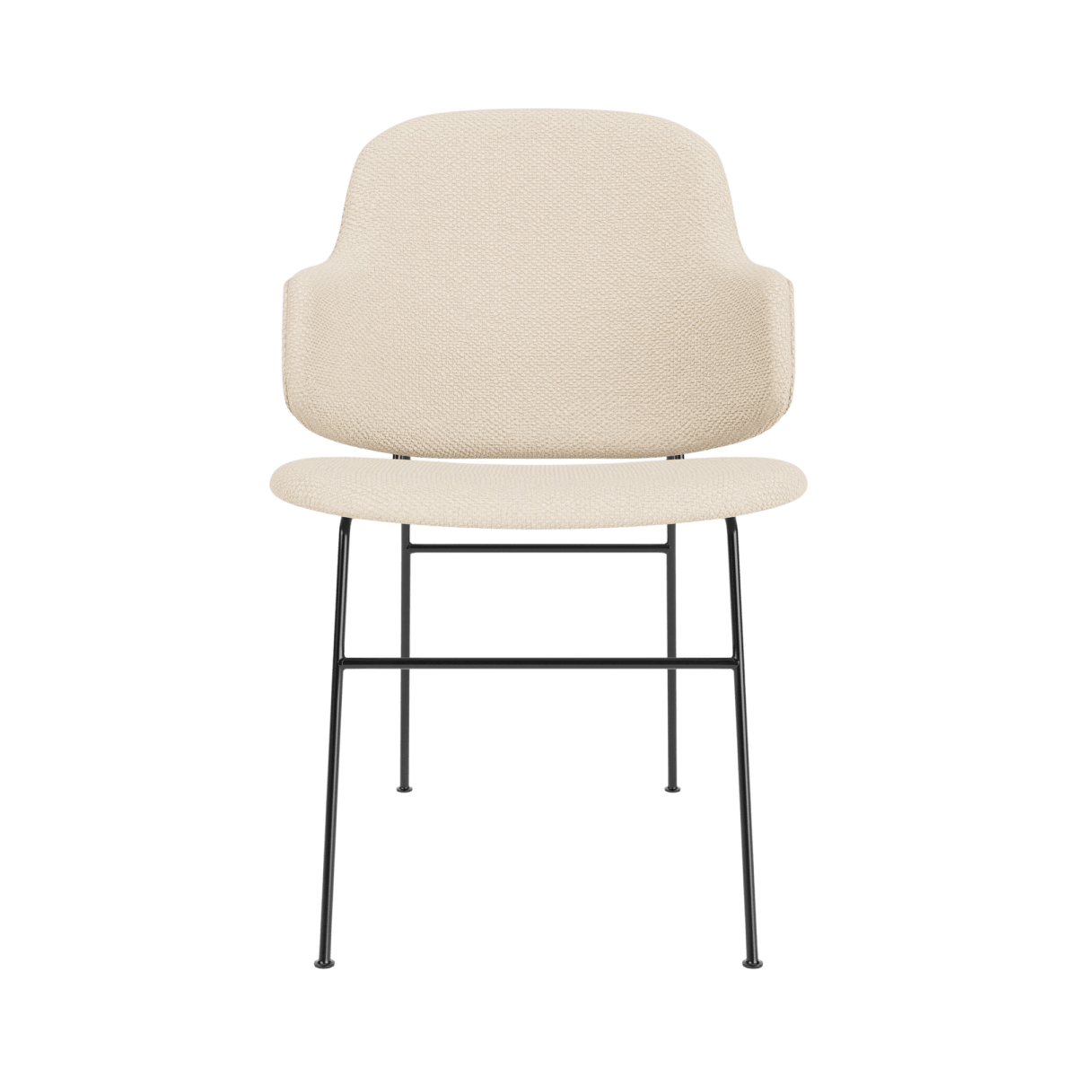 Front view of The Penguin Dining Chair, Fully Upholstered in textured Logan Jasmine cream fabric with black steel legs.