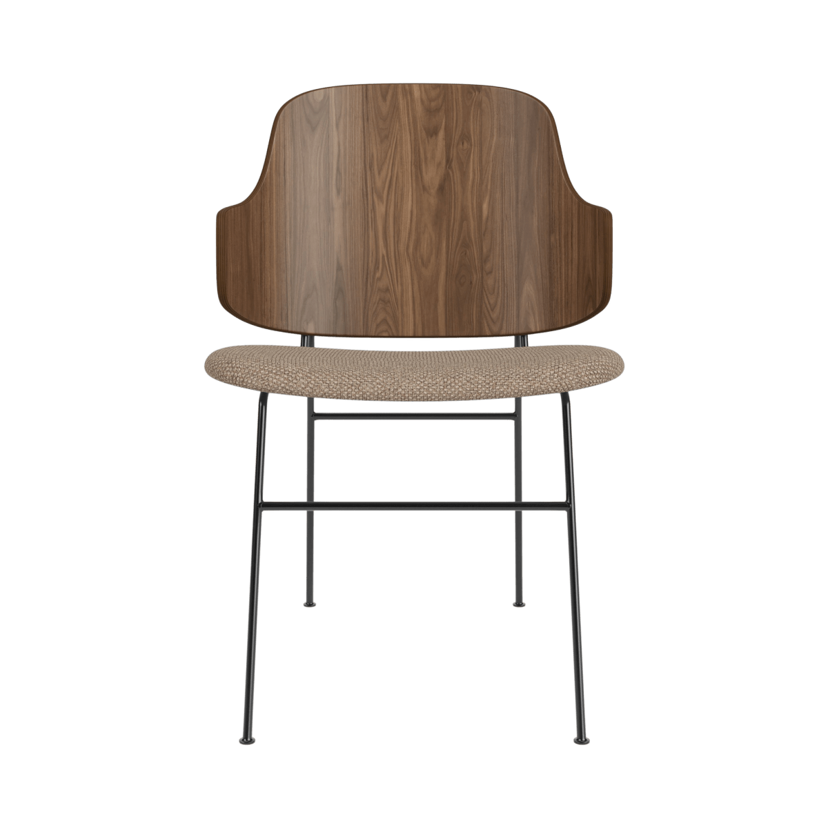 Front view of The Penguin Dining Chair with a curved walnut back and Logan Flint upholstered seat on black steel legs.