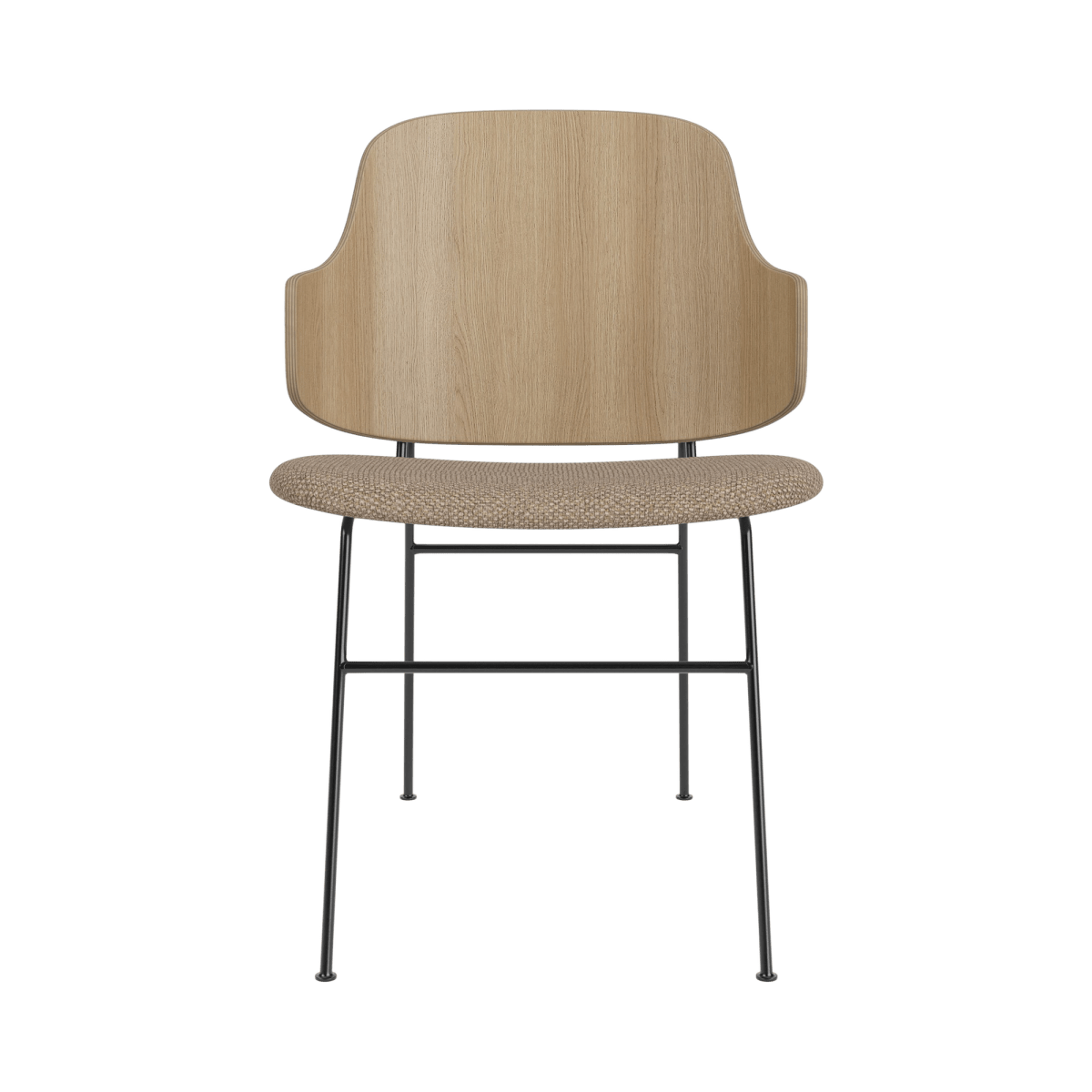 Front view of The Penguin Dining Chair featuring a natural oak back and Flint upholstered seat with black steel legs.