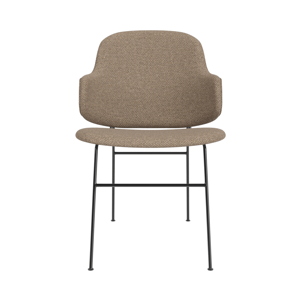 Front view of The Penguin Dining Chair, Fully Upholstered in Logan Flint fabric with black powder-coated steel legs.