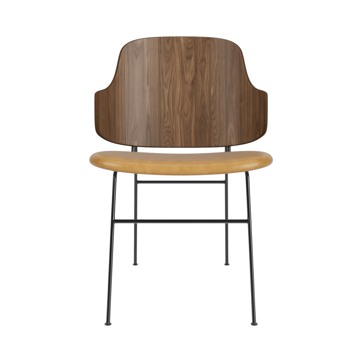 Front view of The Penguin Dining Chair with a curved walnut back, tan leather seat, and black powder-coated steel legs.