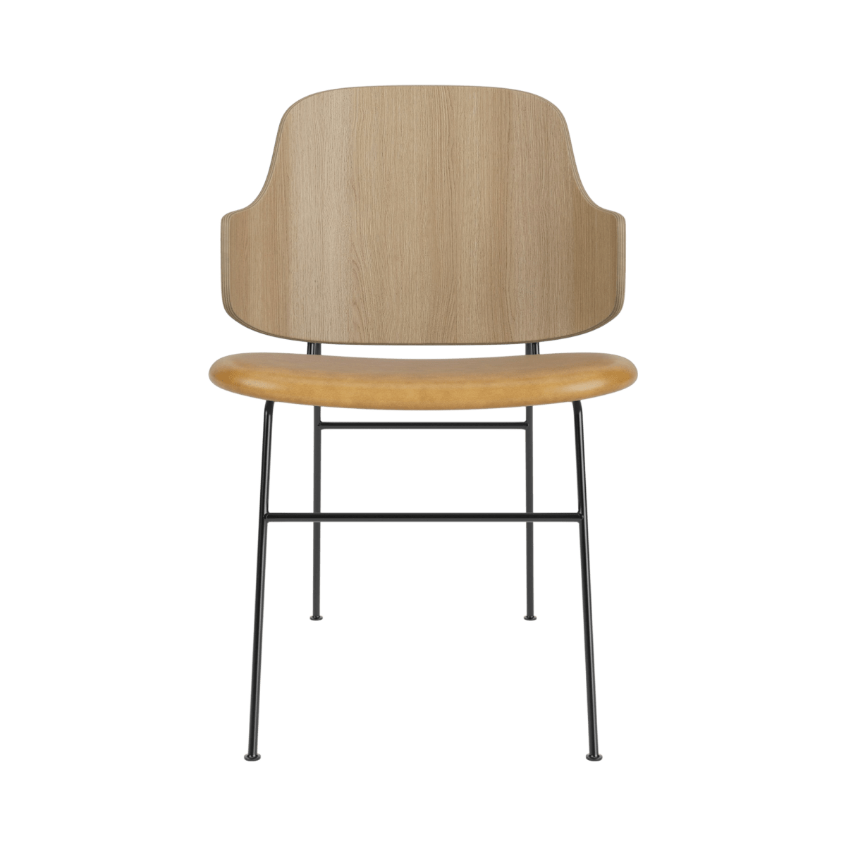 Front view of The Penguin Dining Chair with a natural oak veneer back and tan leather upholstered seat on black steel legs.