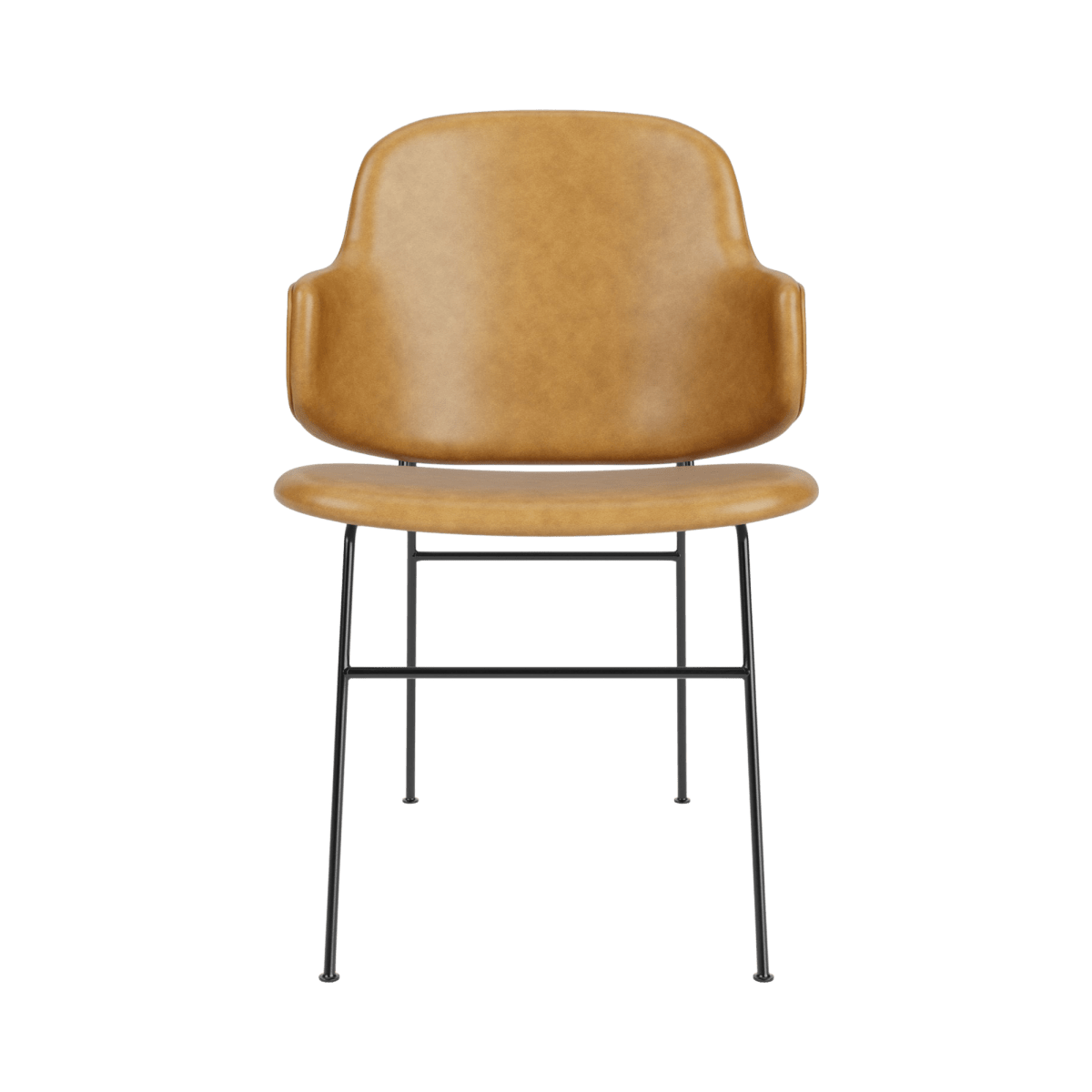 The Penguin Dining Chair, Fully Upholstered in tan leather, shown from the front with a slim black steel frame.