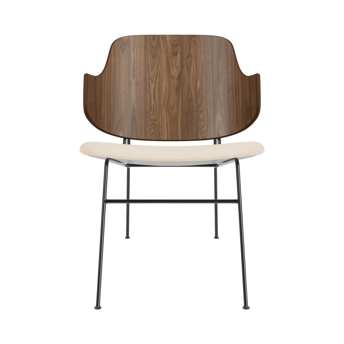 Front view of The Penguin Lounge Chair with a curved walnut back and cream Jasmin upholstery on a slim black steel frame.